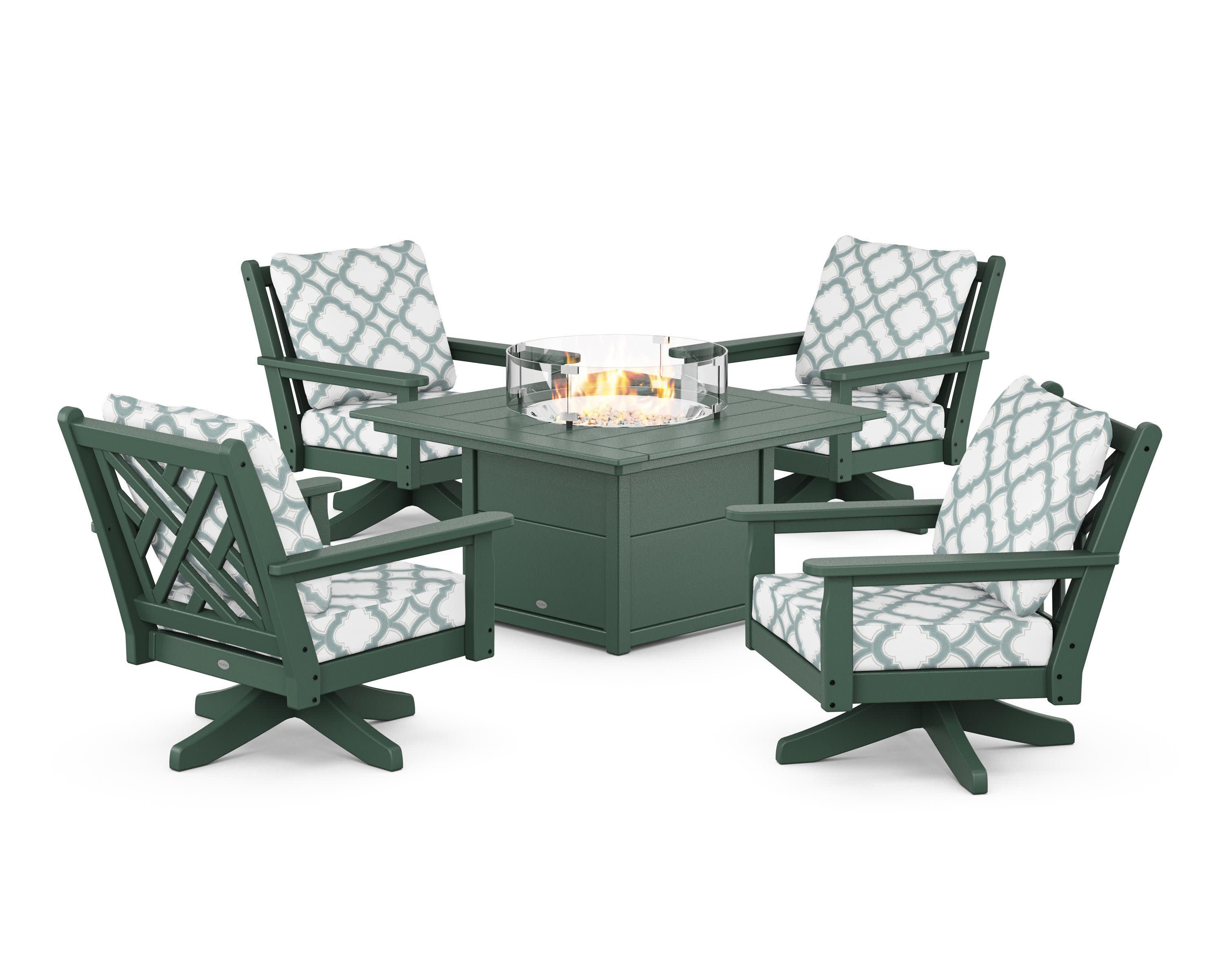 Chippendale 5-Piece Deep Seating Swivel Conversation Set with Fire Pit Table in Green / Trellis Glacier Spa