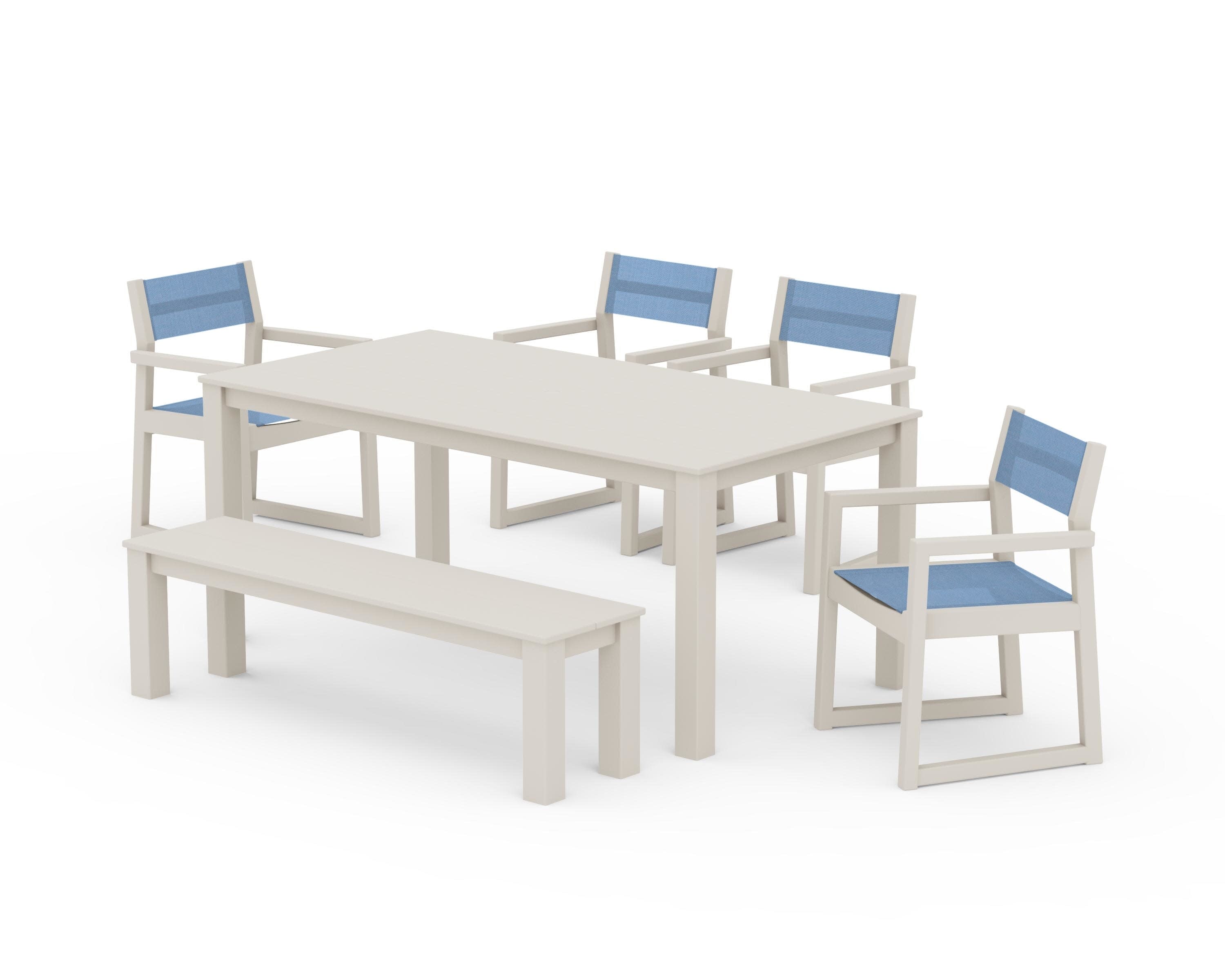 EDGE Sling Arm Chair 6-Piece Parsons Dining Set with Bench in Sand / Poolside Sling