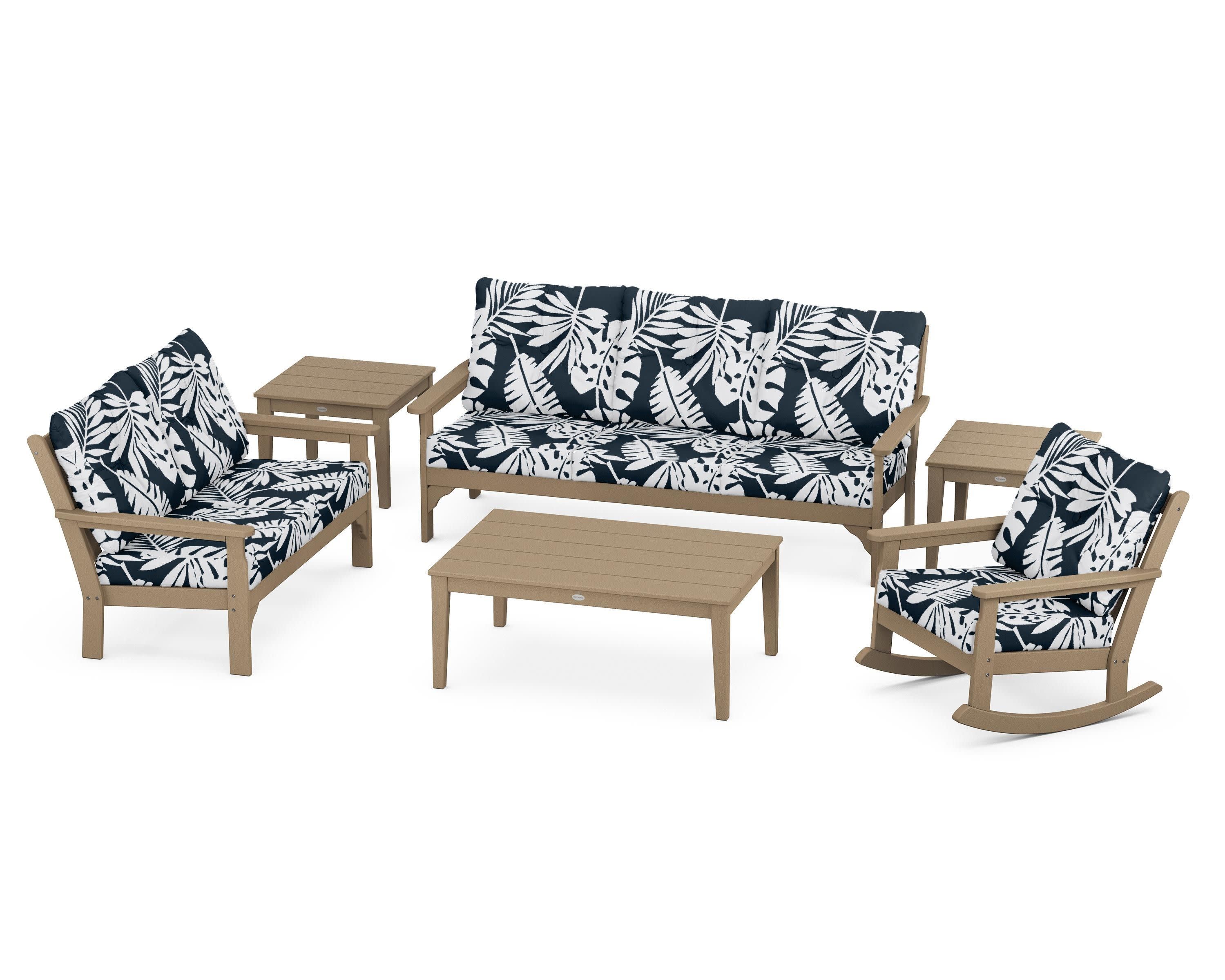 Vineyard 6-Piece Deep Seating Set in Vintage Sahara / Leaf Marine Indigo