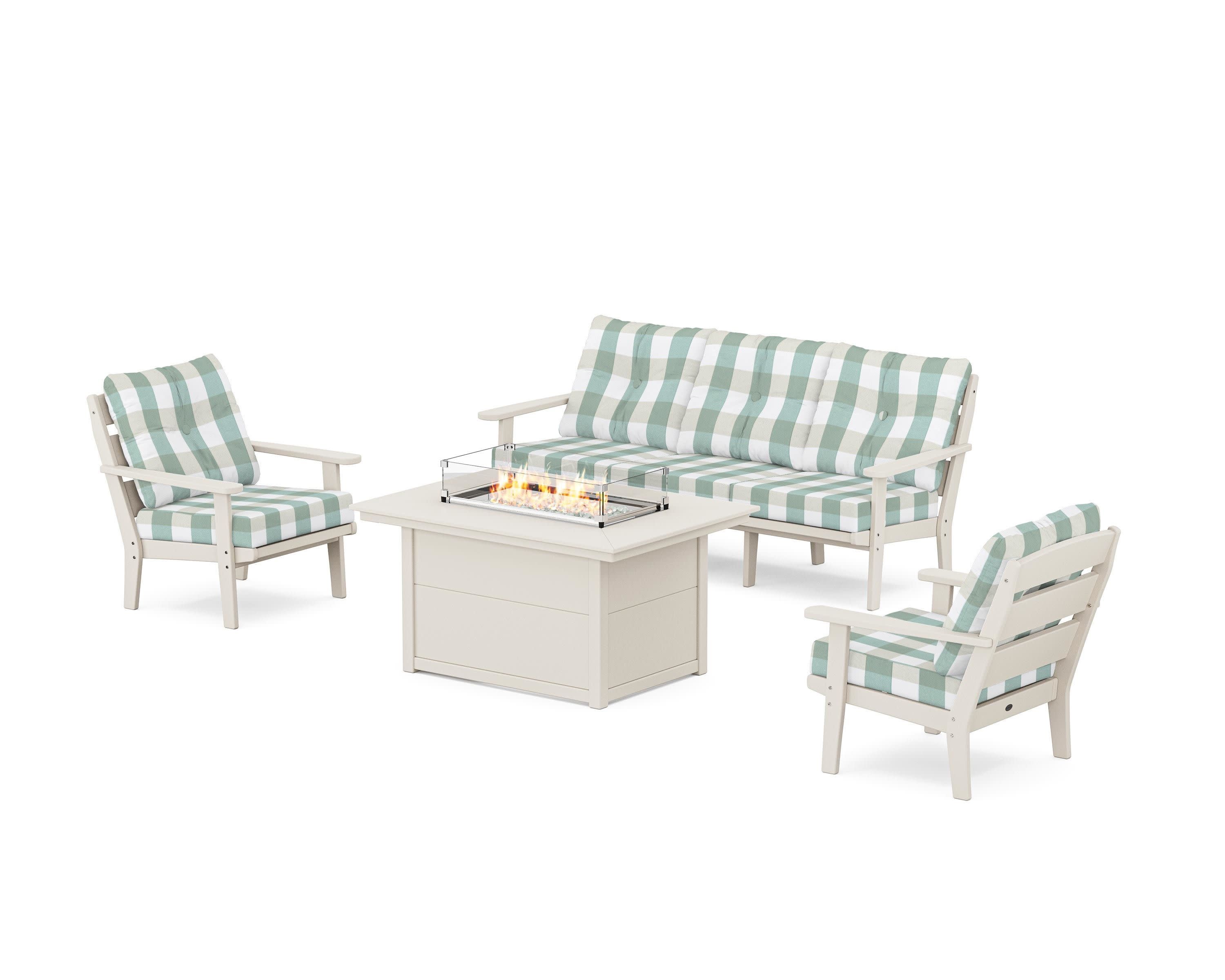 Lakeside Deep Seating Fire Pit Table Set in Sand / Buffalo Plaid Glacier Spa