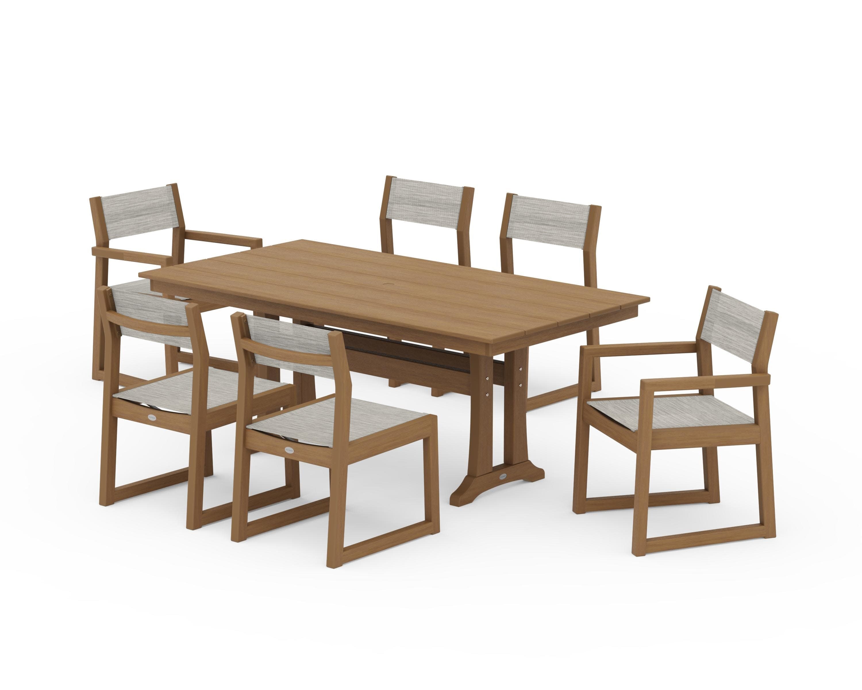 EDGE Sling 7-Piece Farmhouse Trestle Dining Set in Natural / Birch Sling