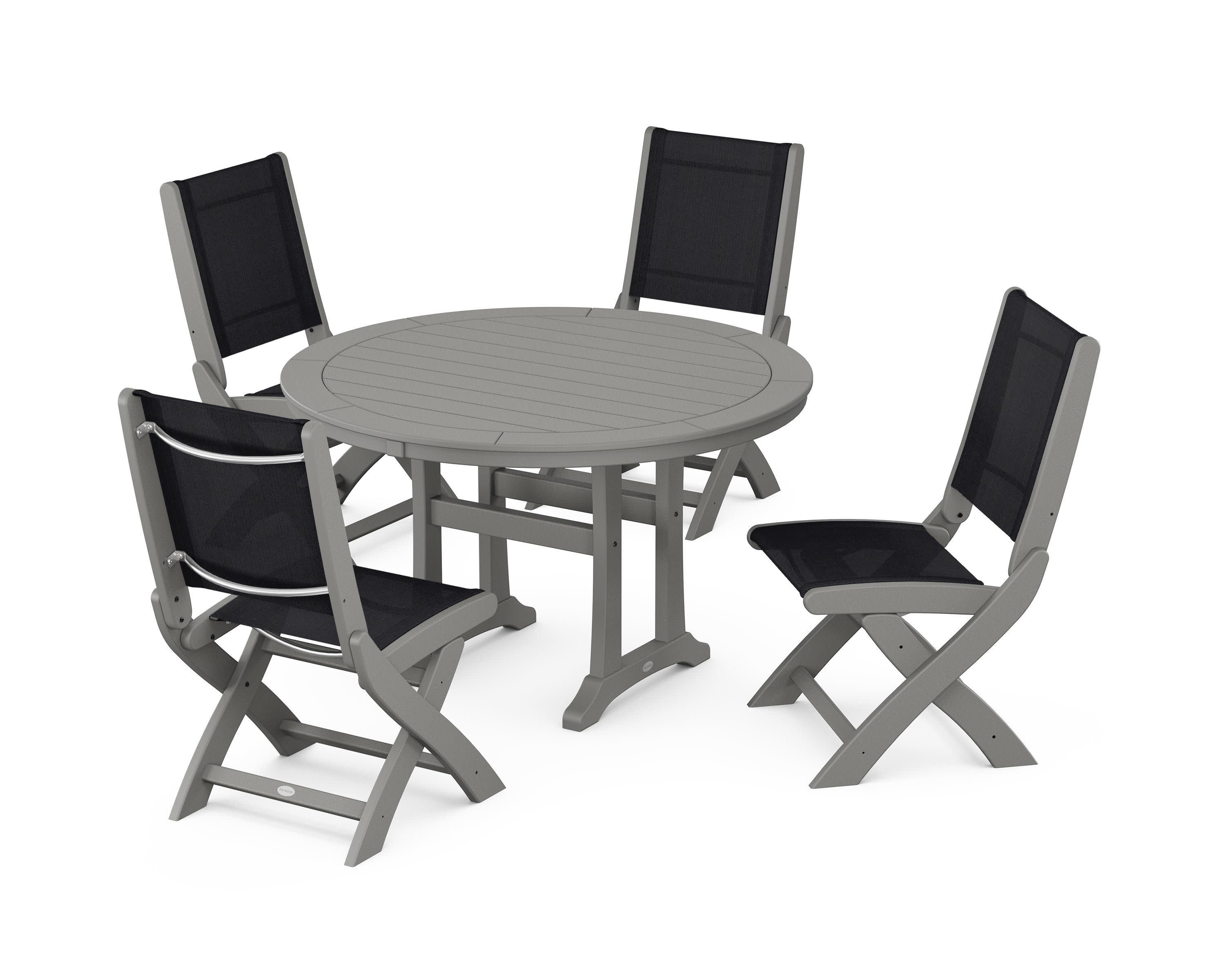 Coastal Folding Side Chair 5-Piece Round Dining Set With Trestle Legs in Slate Grey / Black Sling