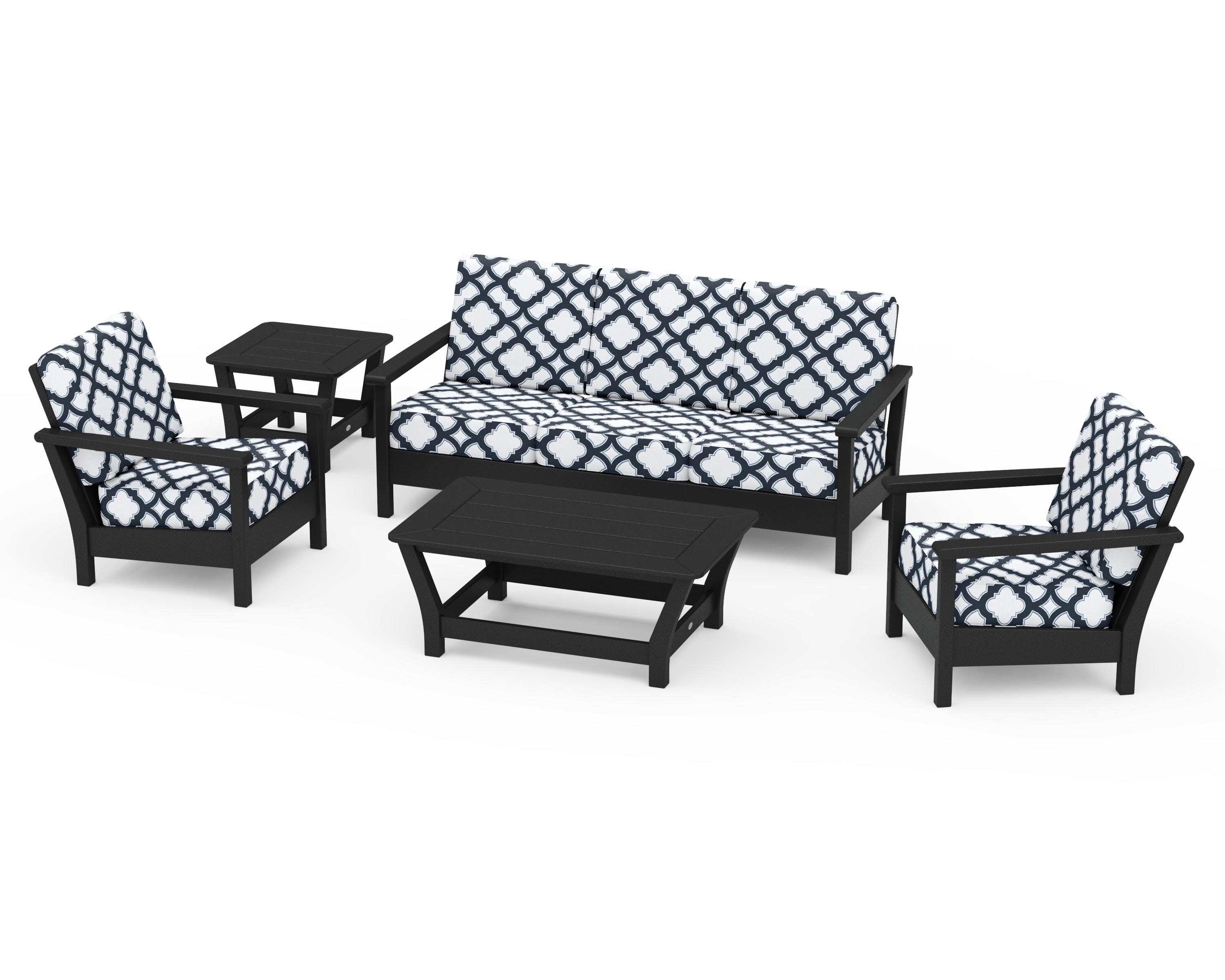 Harbour 5-Piece Deep Seating Set in Black / Trellis Marine Indigo