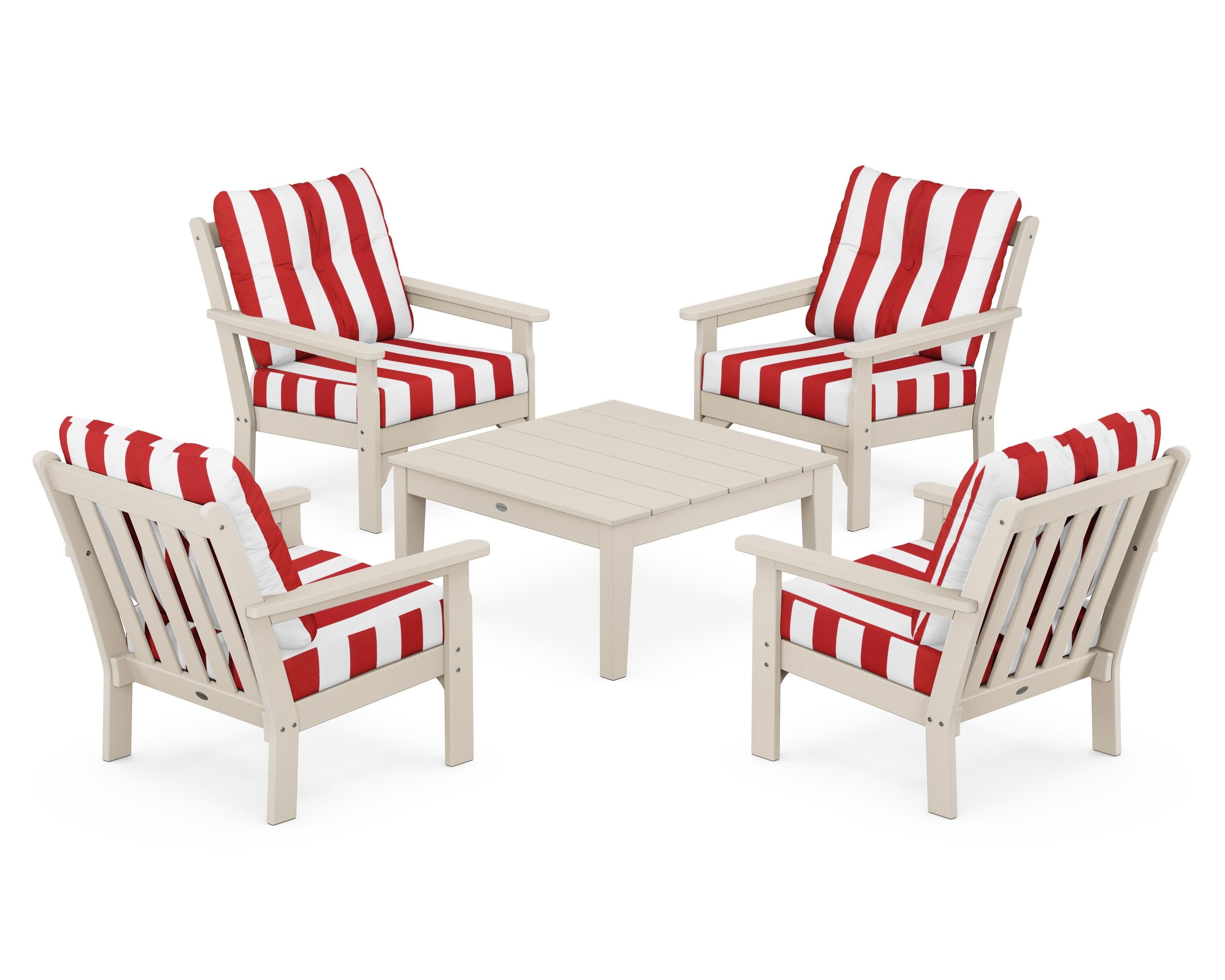 Vineyard 5-Piece Deep Seating Conversation Set in Sand / Cabana Stripe Crimson