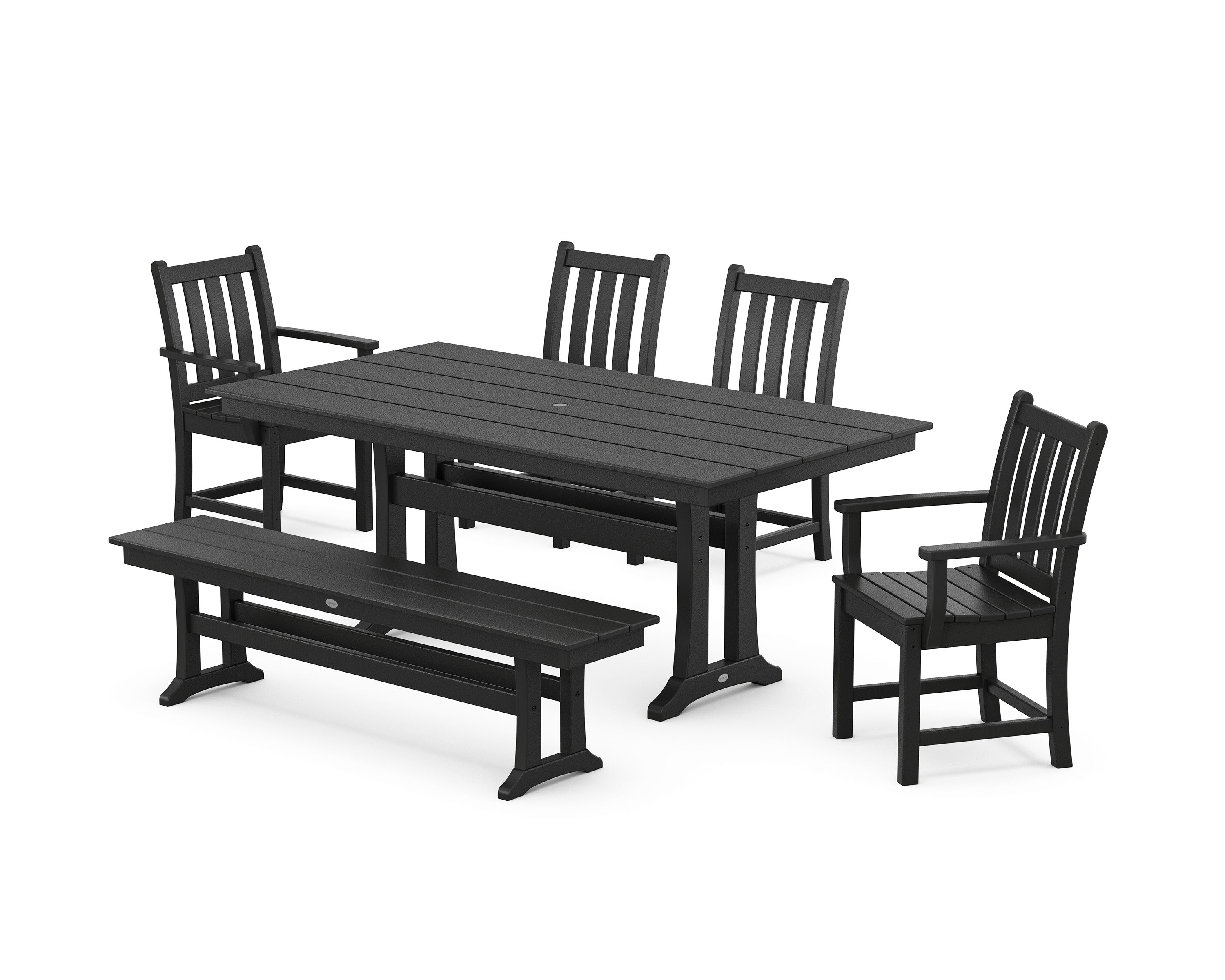 Traditional Garden 6-Piece Farmhouse Dining Set with Trestle Legs and Bench in Black