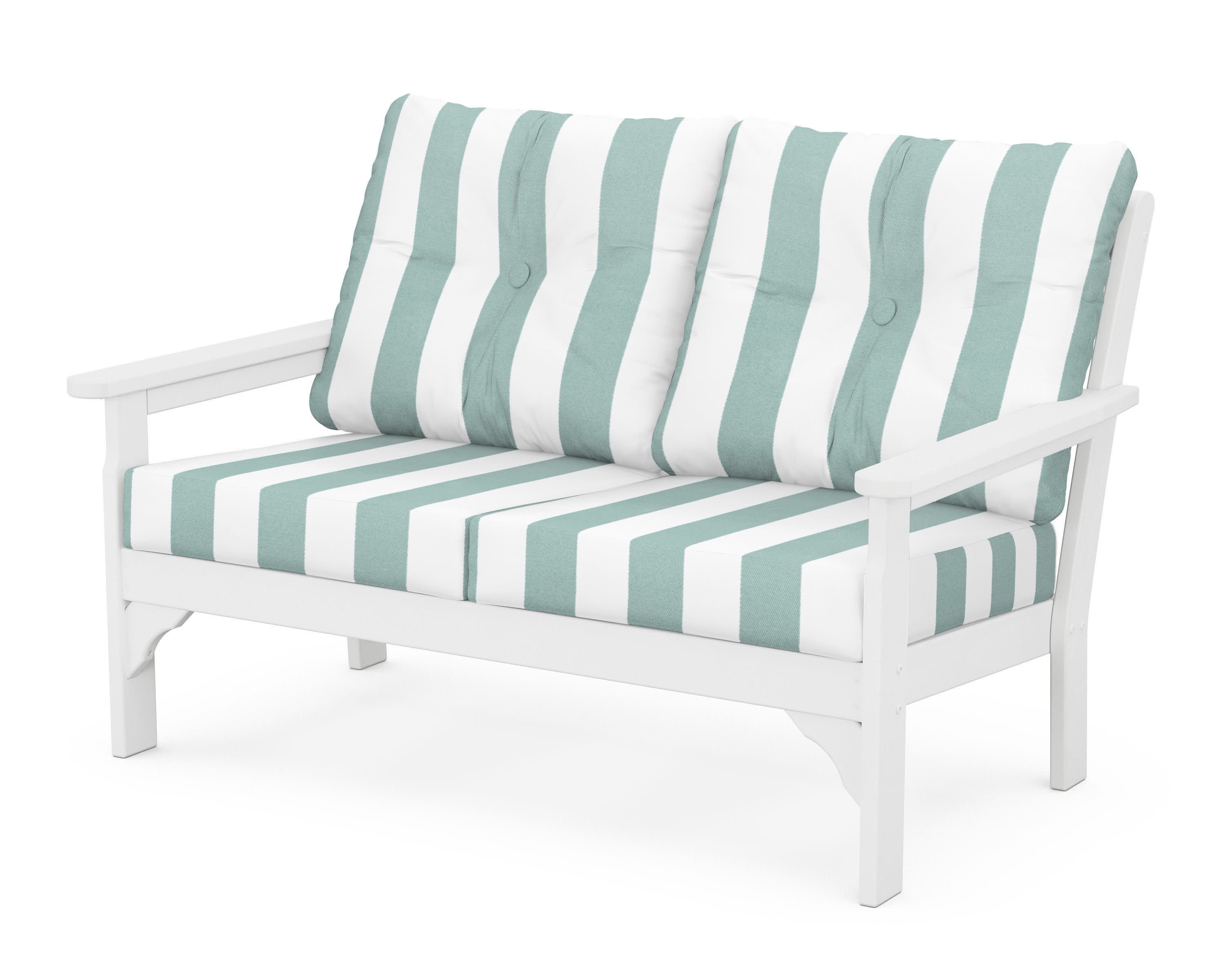Vineyard Deep Seating Loveseat in White / Cabana Stripe Glacier Spa