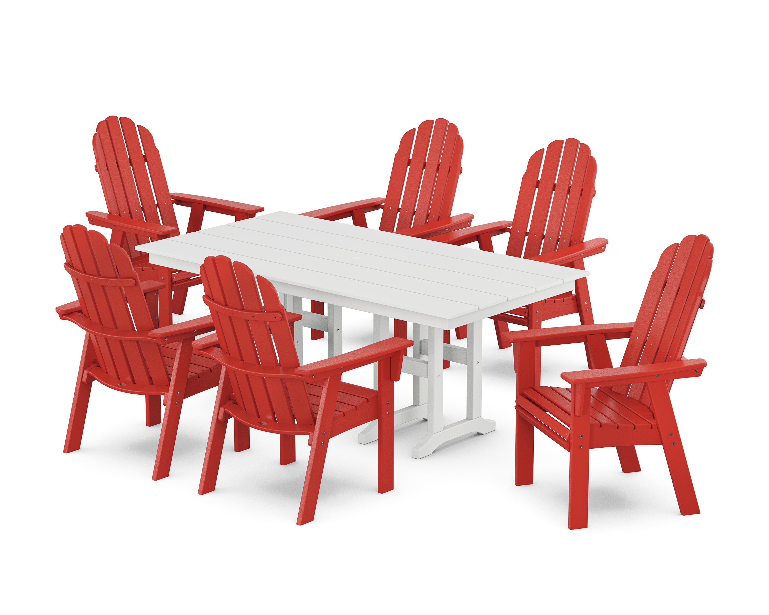 Vineyard Curveback Adirondack Chair 7-Piece Farmhouse Dining Set in Sunset Red / White