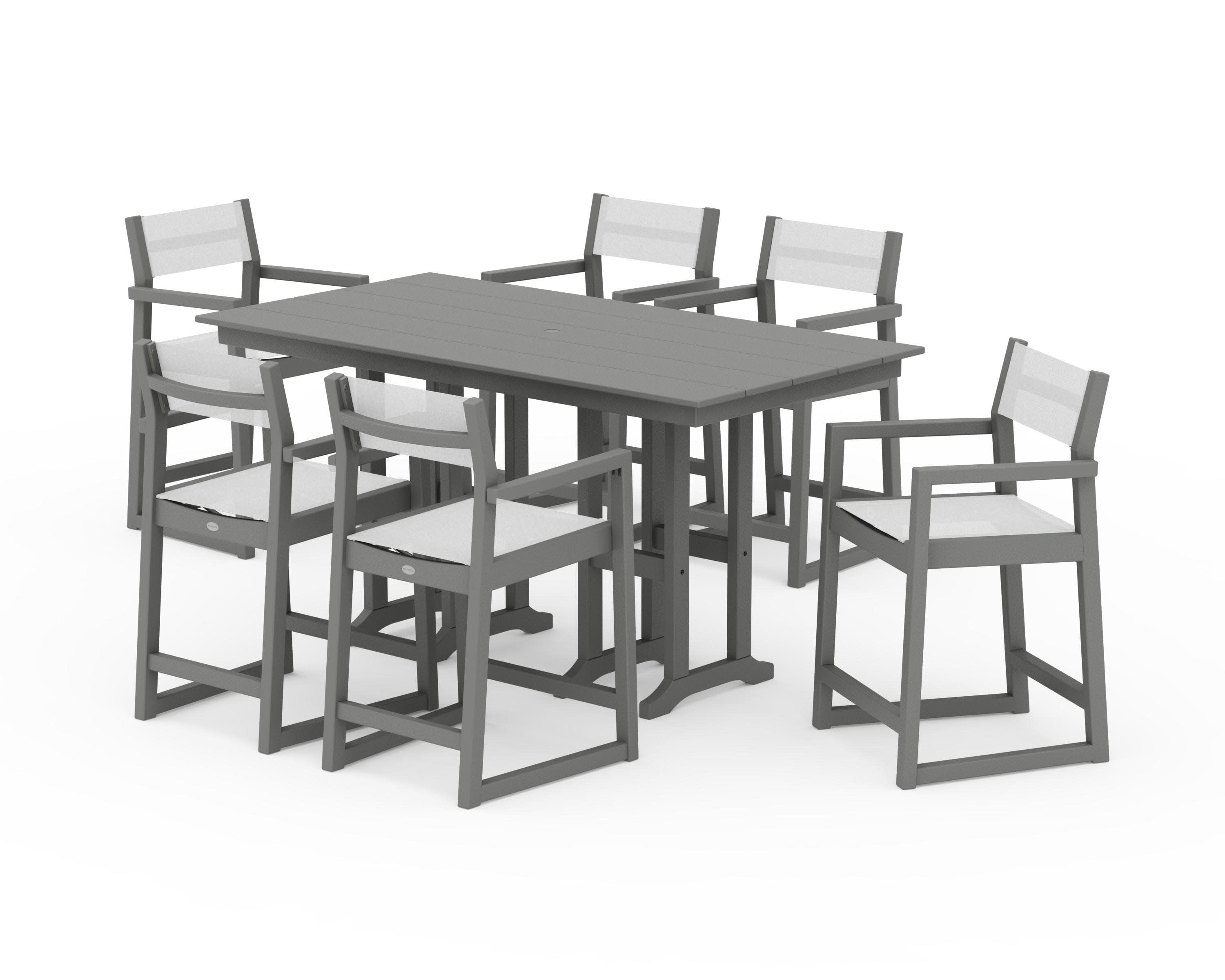 EDGE Sling Arm Chair 7-Piece Farmhouse Counter Set in Slate Grey / White Sling