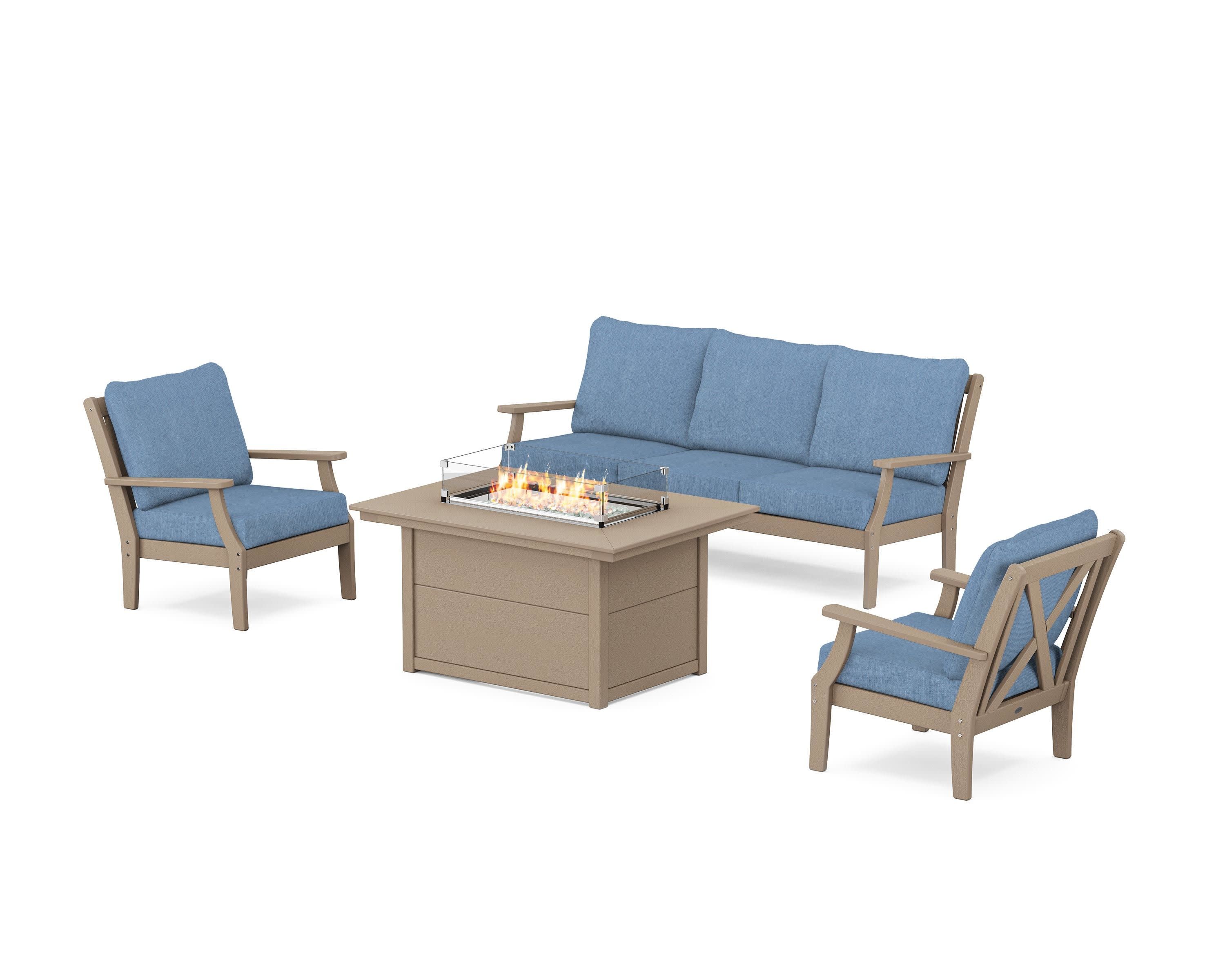 Braxton Deep Seating Fire Pit Table Set in Vintage Sahara / Sky Blue