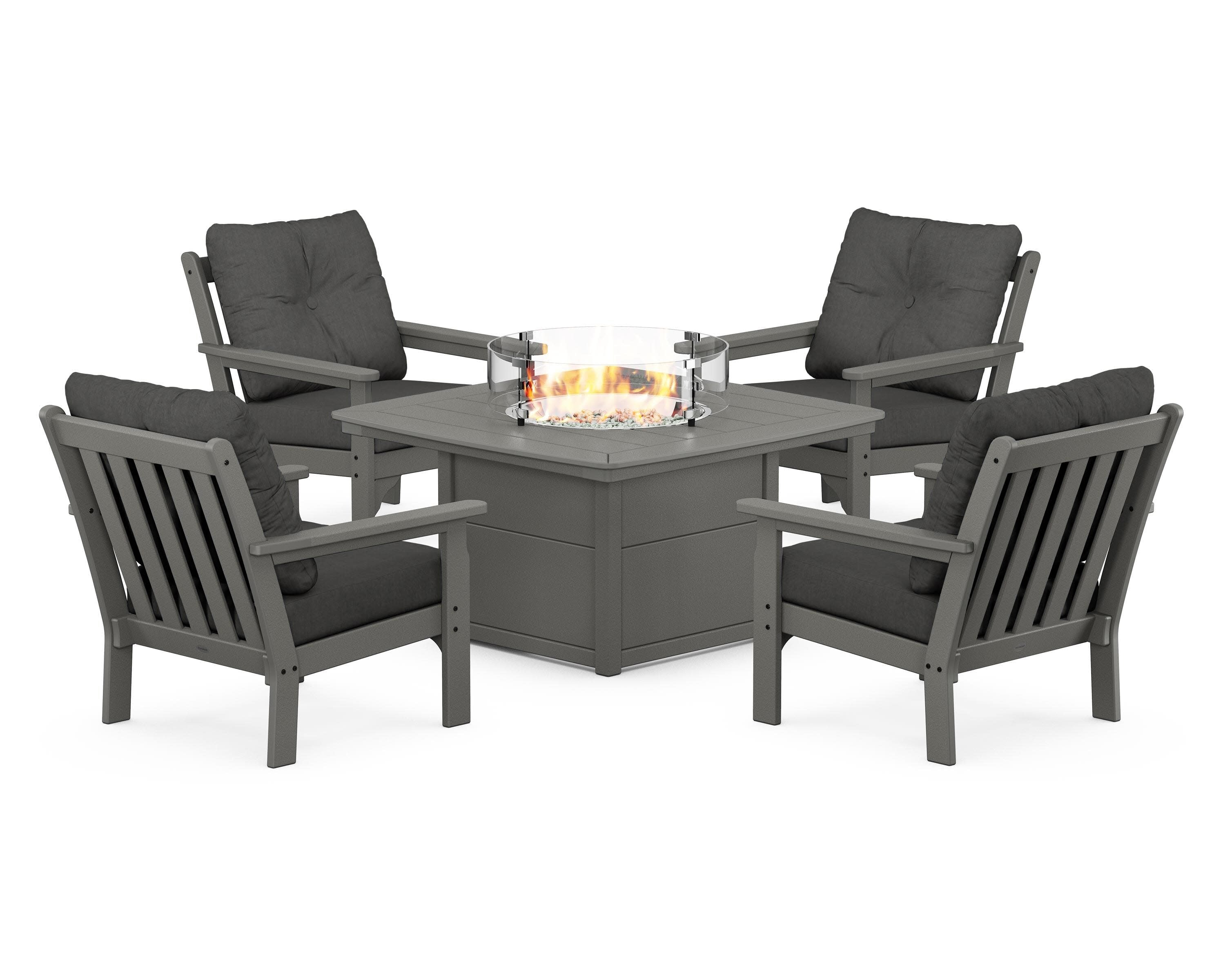 Vineyard 5-Piece Conversation Set with Fire Pit Table in Slate Grey / Spectrum Carbon