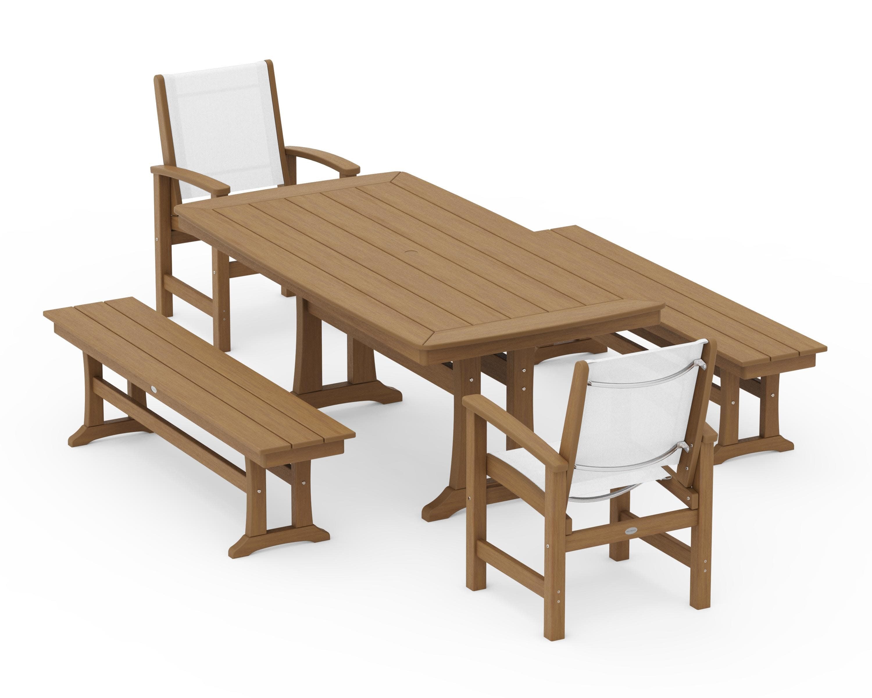 Coastal 5-Piece Dining Set with Trestle Legs and Benches in Natural / White Sling