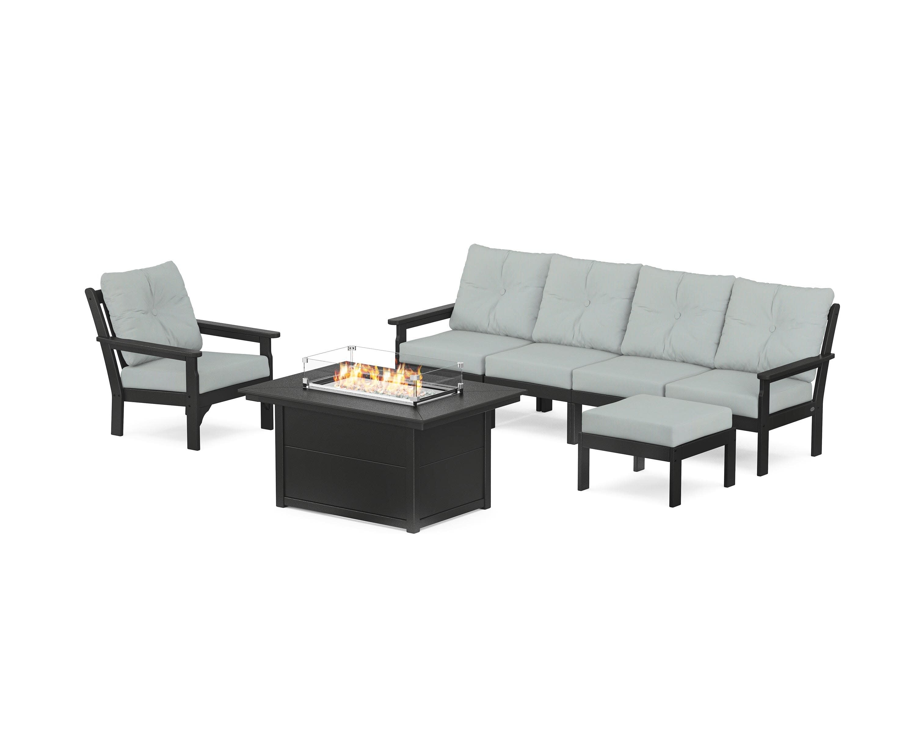 Vineyard Sectional Lounge and Fire Pit Set in Black / Spa