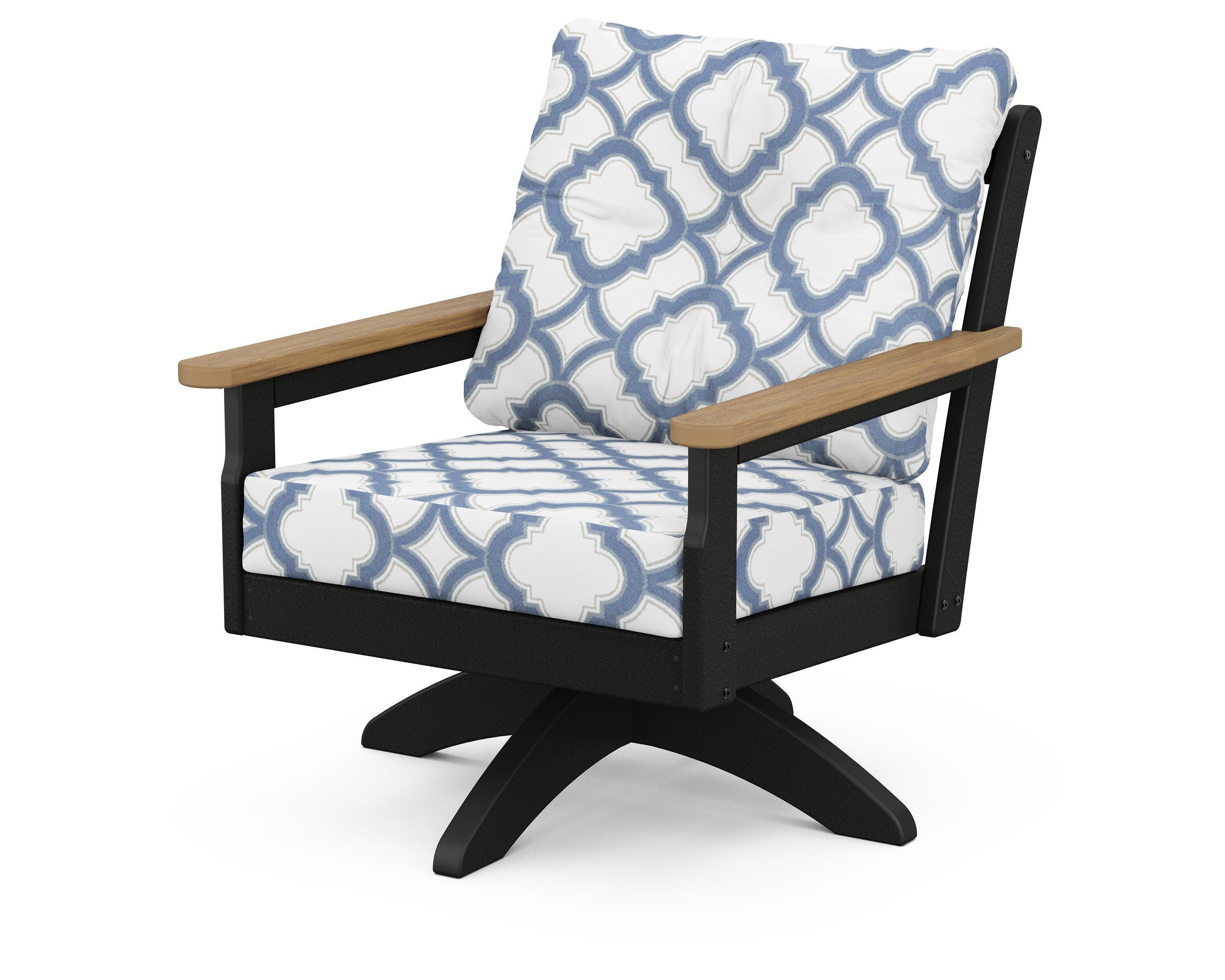 Vineyard Deep Seating Swivel Chair in Black / Natural / Trellis Sky Blue