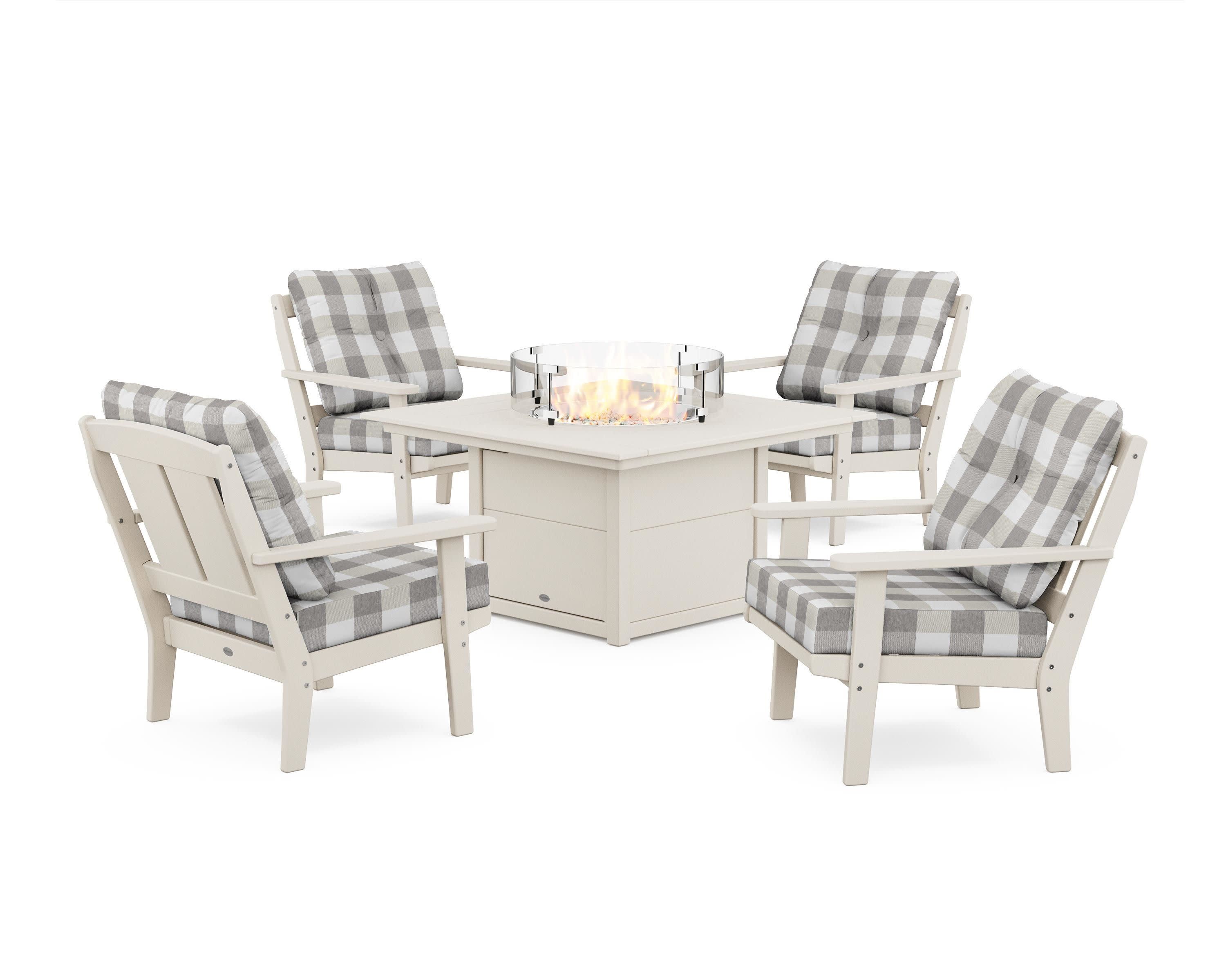 Mission 5-Piece Deep Seating Set with Fire Pit Table in Sand / Buffalo Plaid Grey Mist