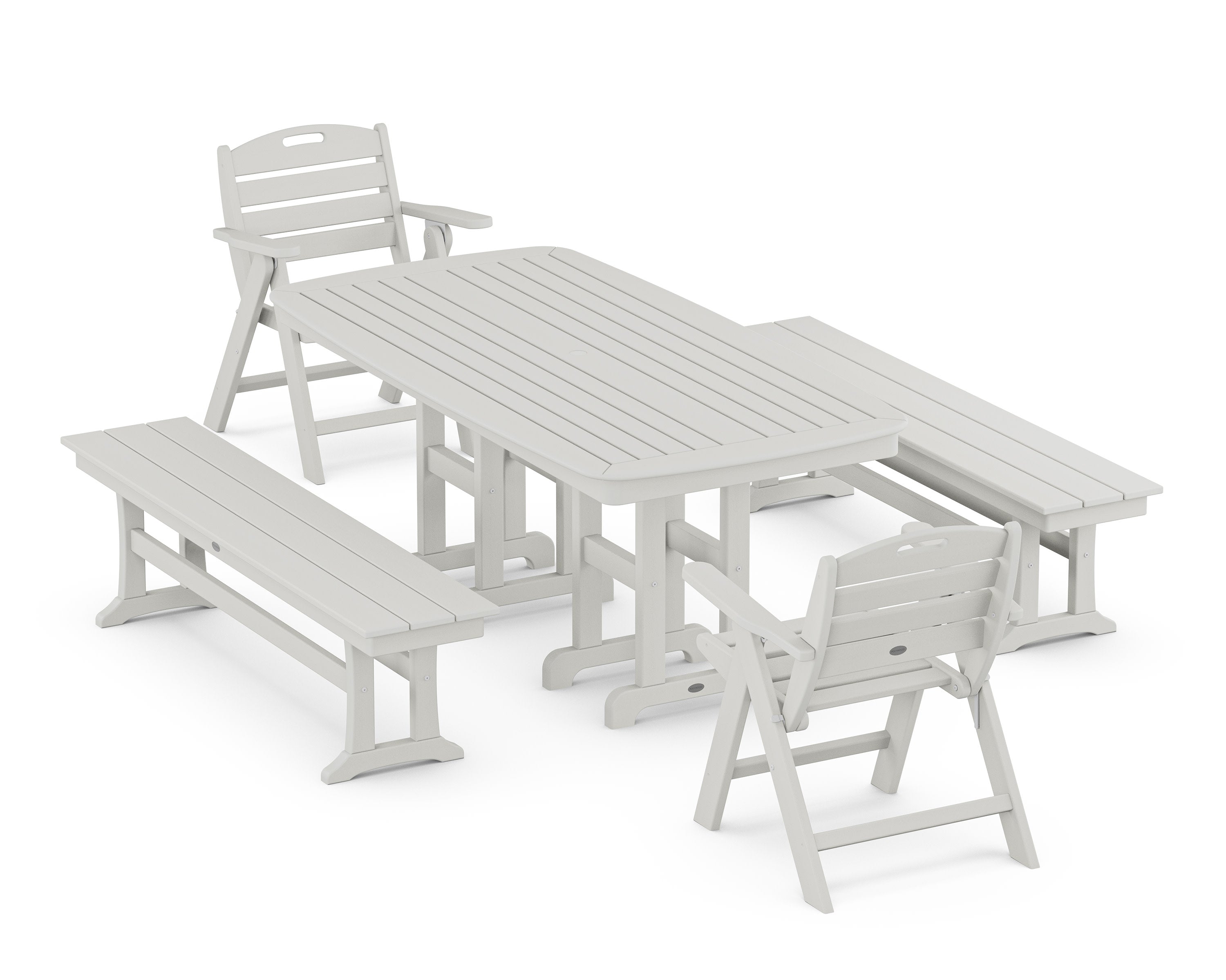 Nautical Lowback 5-Piece Dining Set with Benches in Vintage White