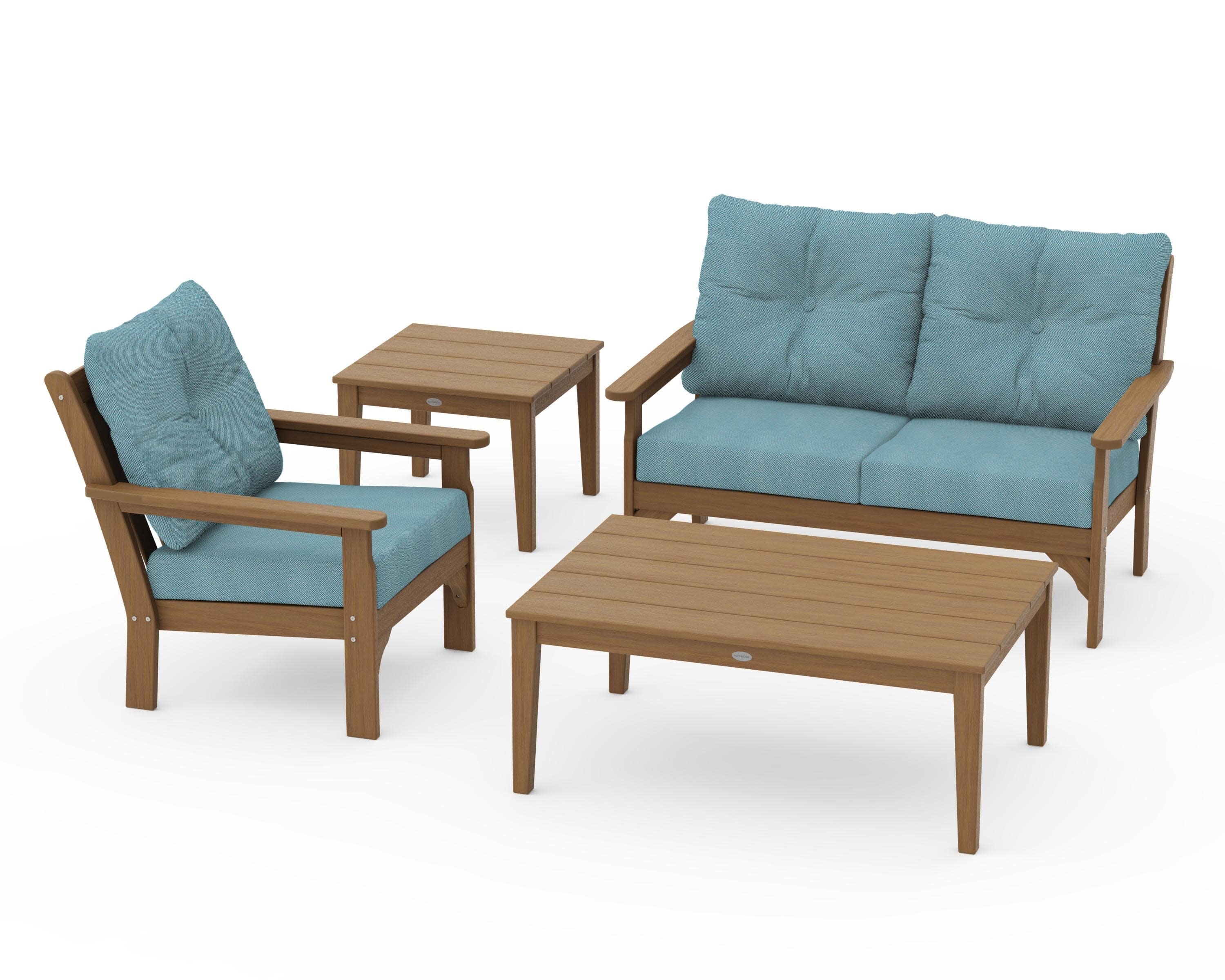 Vineyard 4-Piece Deep Seating Set in Natural / Lattice Sky Blue