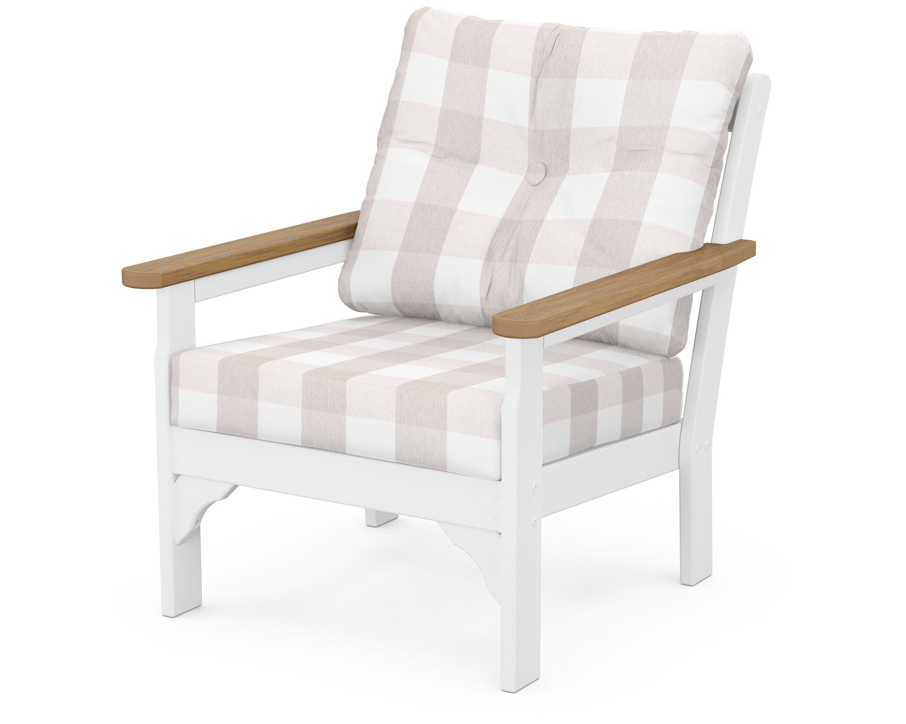 Vineyard Deep Seating Chair in White / Natural / Buffalo Plaid Dune Burlap