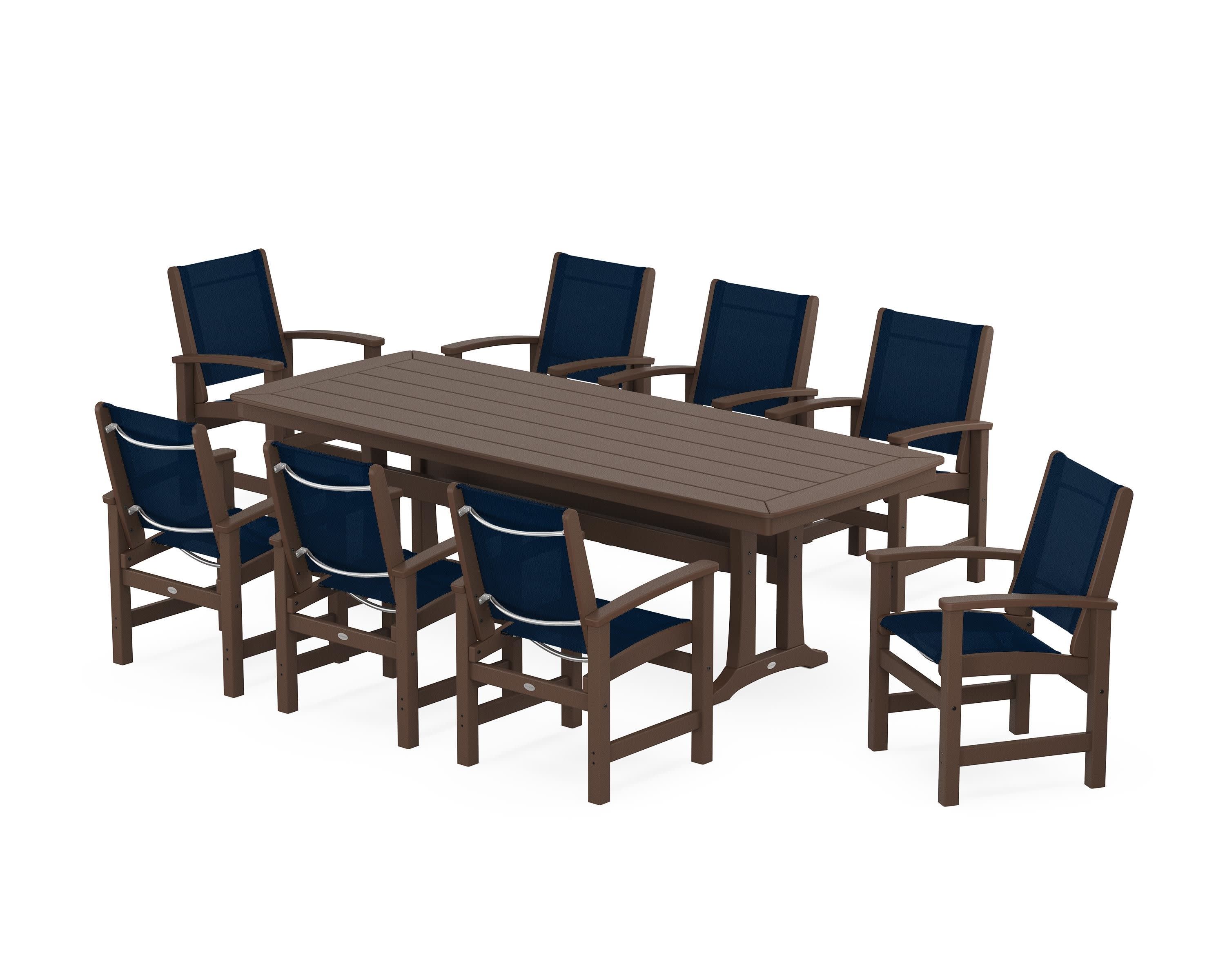 Coastal 9-Piece Dining Set with Trestle Legs in Mahogany / Navy Blue Sling
