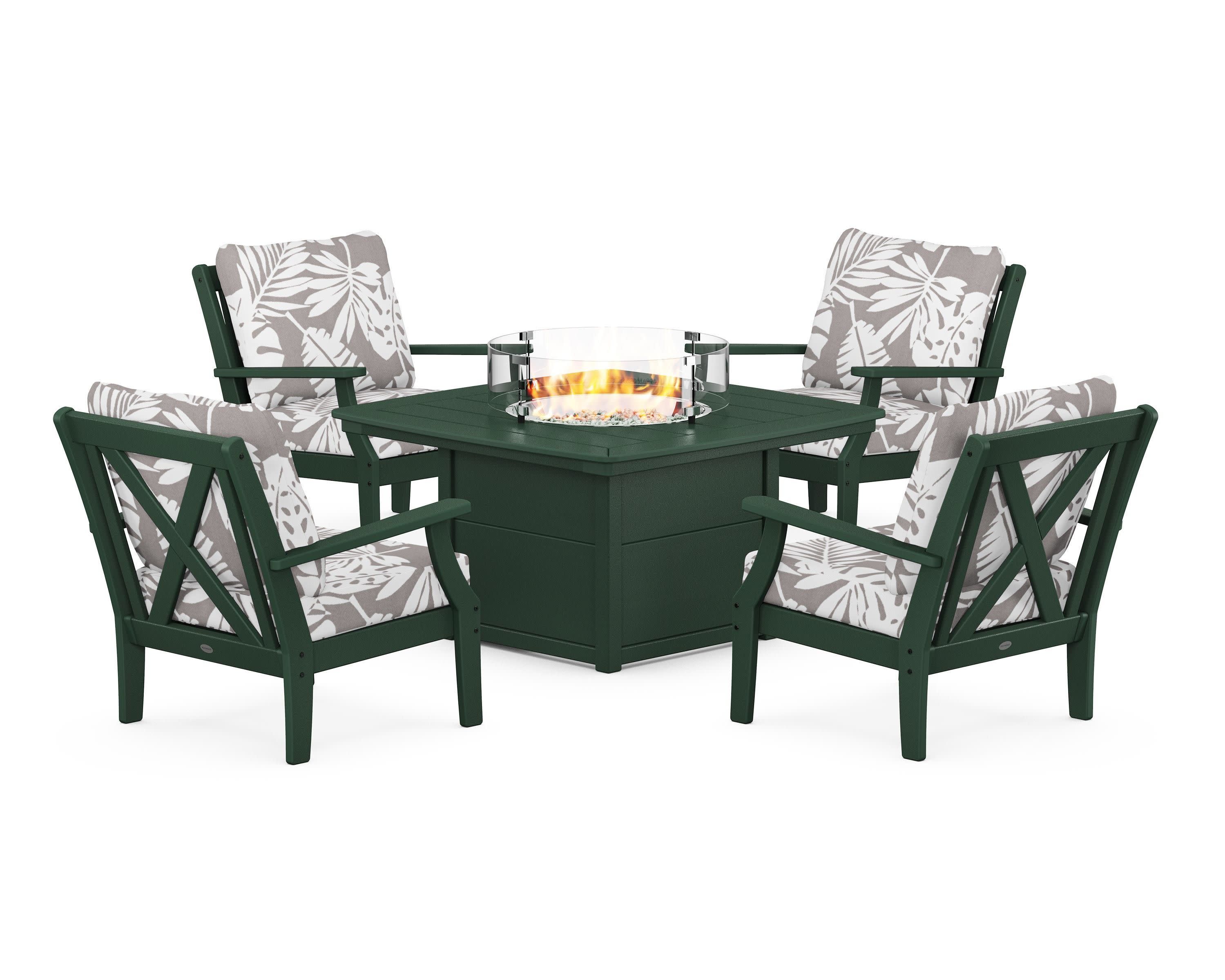 Braxton 5-Piece Deep Seating Conversation Set with Fire Pit Table in Green / Leaf Grey Mist