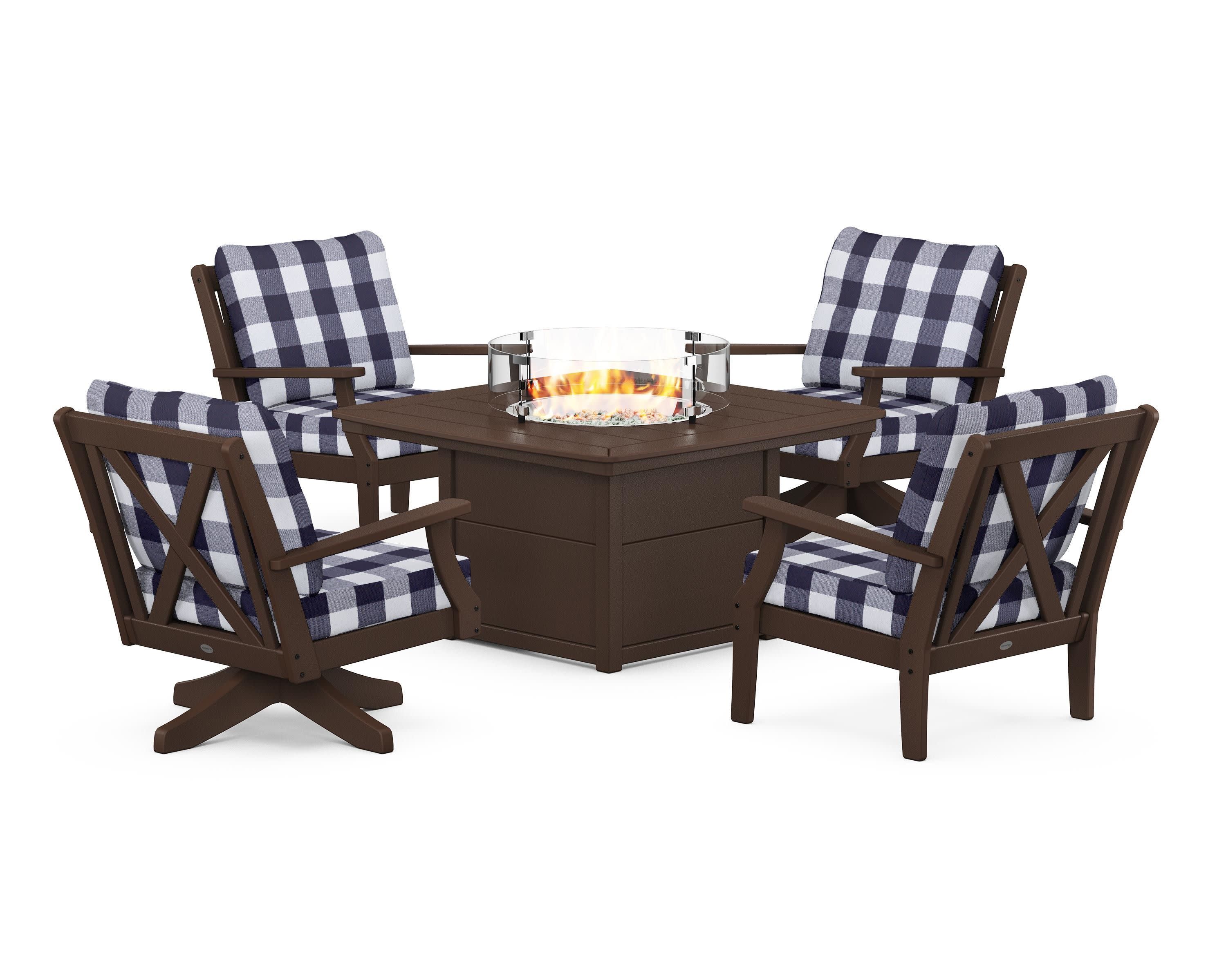 Braxton 5-Piece Deep Seating Set with Fire Table in Mahogany / Buffalo Plaid Navy