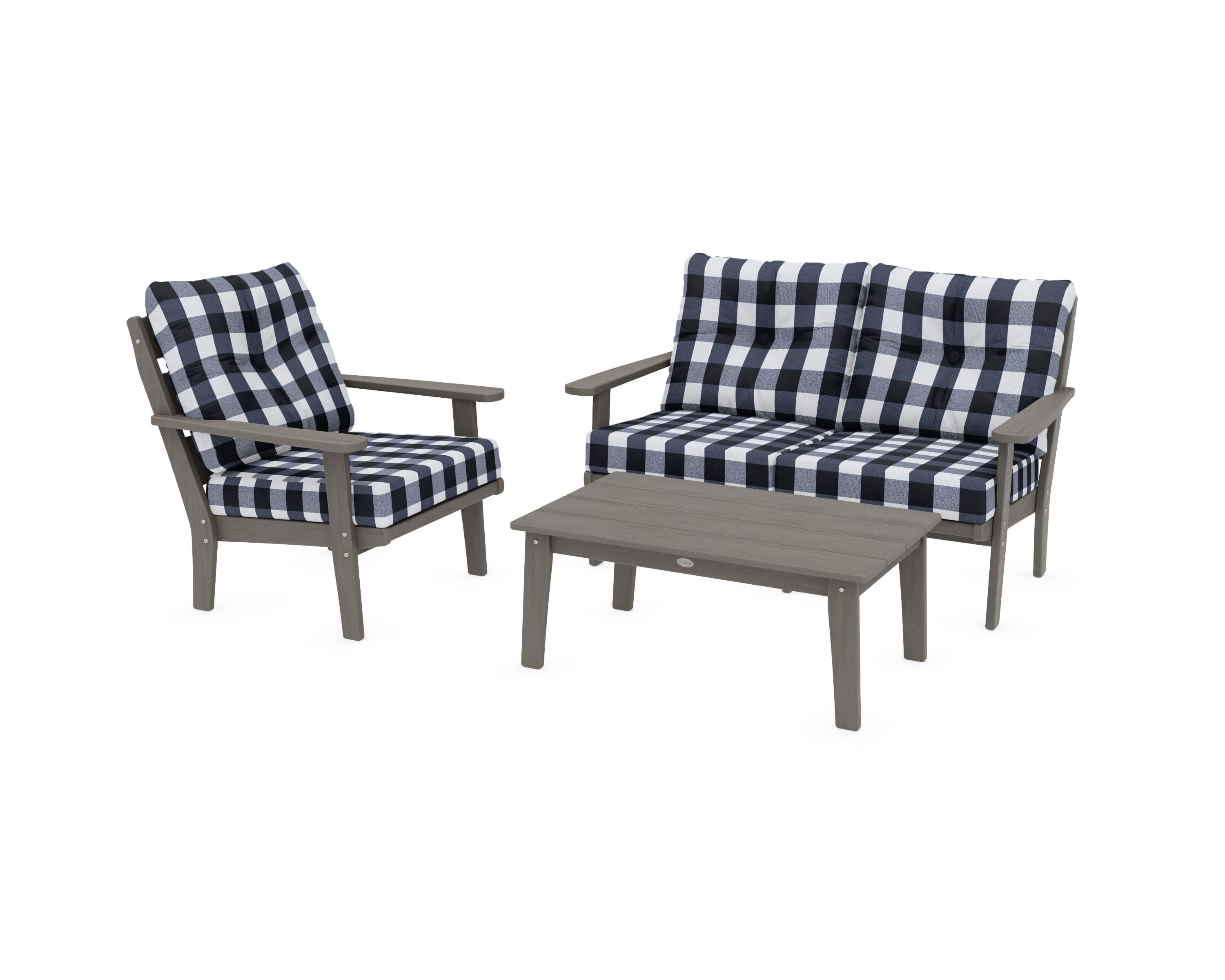 Lakeside 3-Piece Deep Seating Set in Driftwood / Buffalo Plaid Marine Indigo