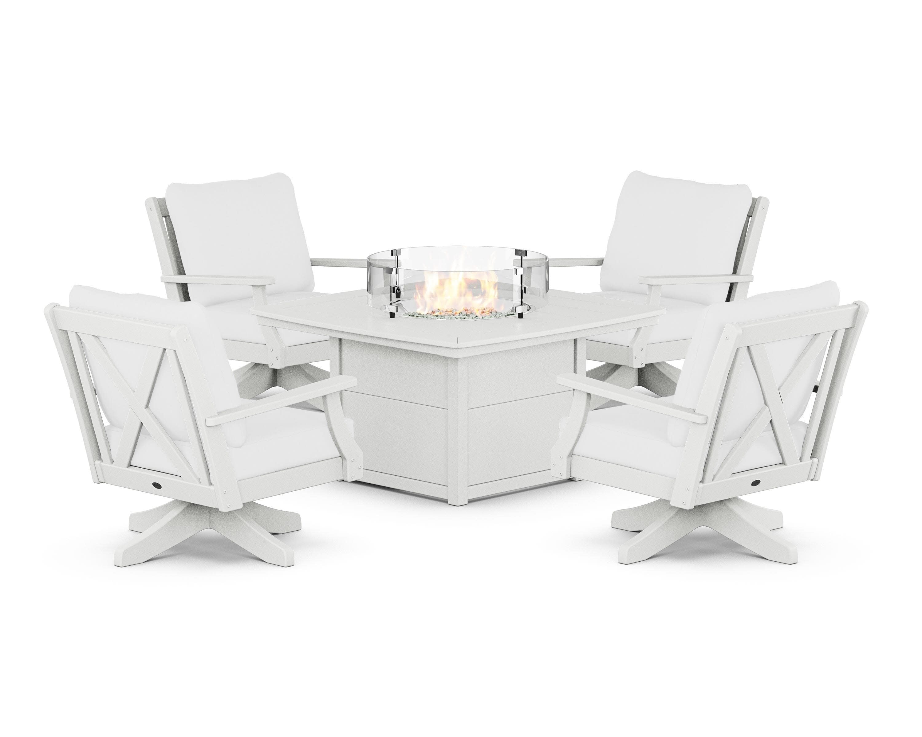 Braxton 5-Piece Deep Seating Swivel Conversation Set with Fire Pit Table in White / Natural