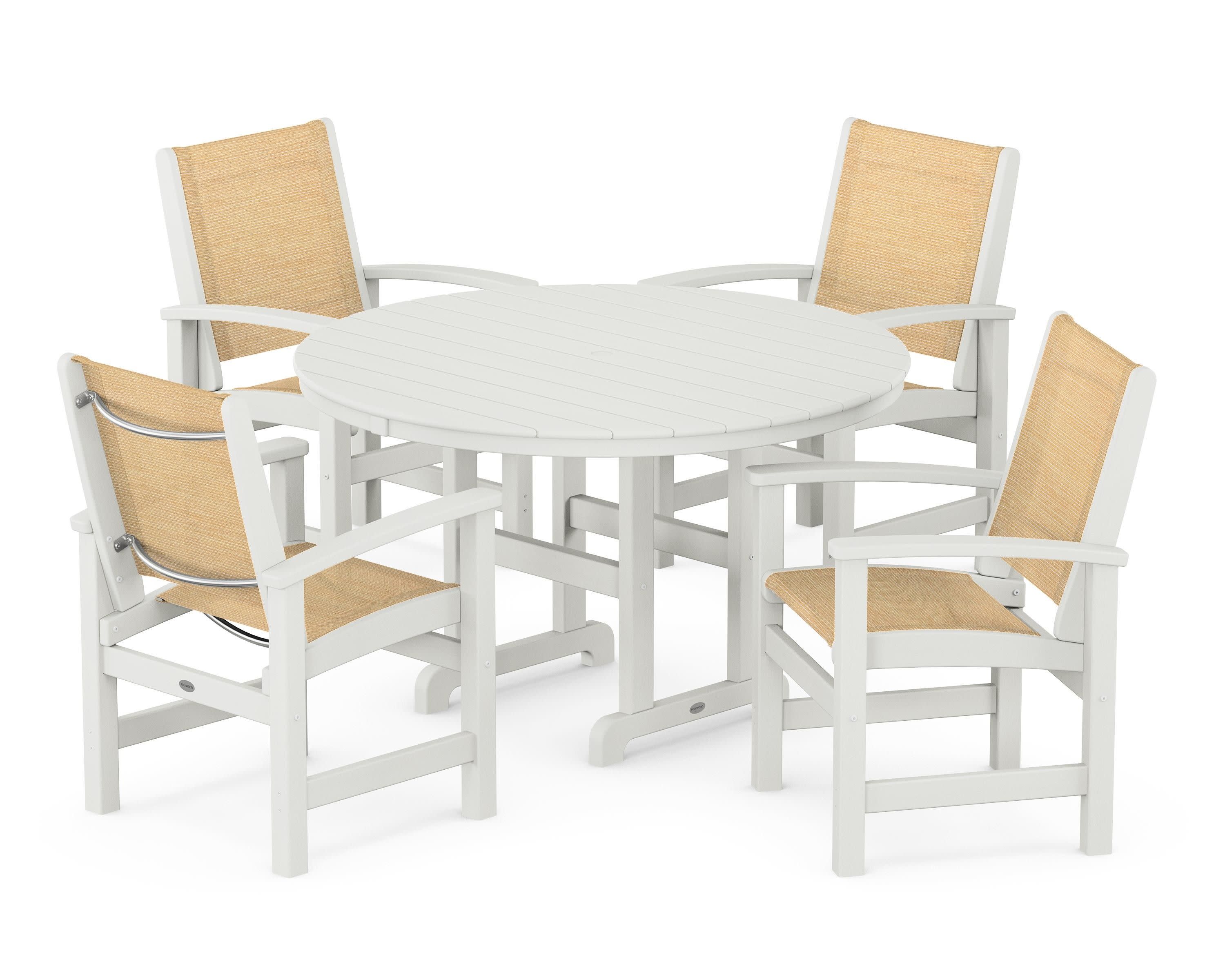 Coastal 5-Piece Round Farmhouse Dining Set in Vintage White / Dupioni Apricot Sling