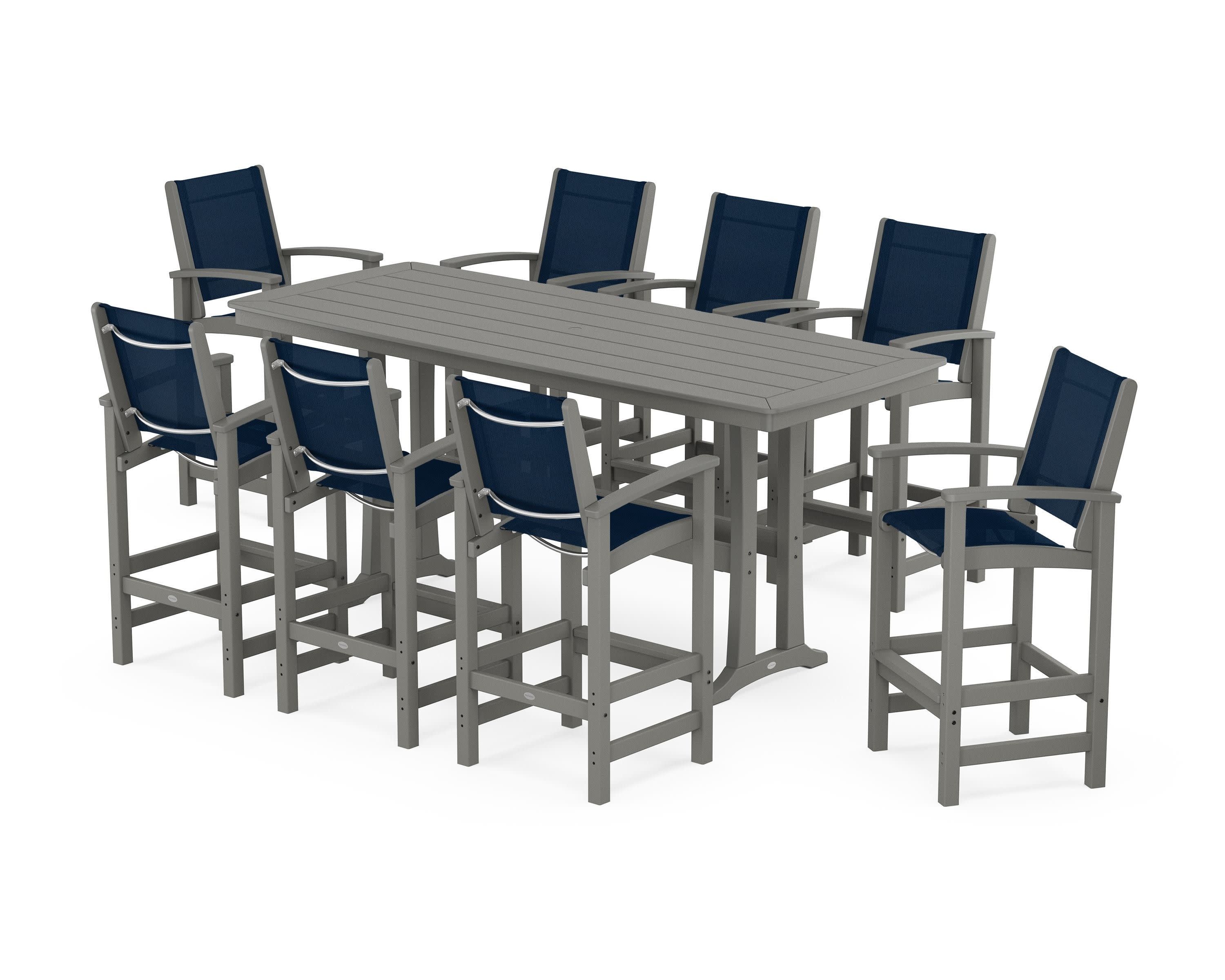 Coastal 9-Piece Bar Set with Trestle Legs in Slate Grey / Navy Blue Sling