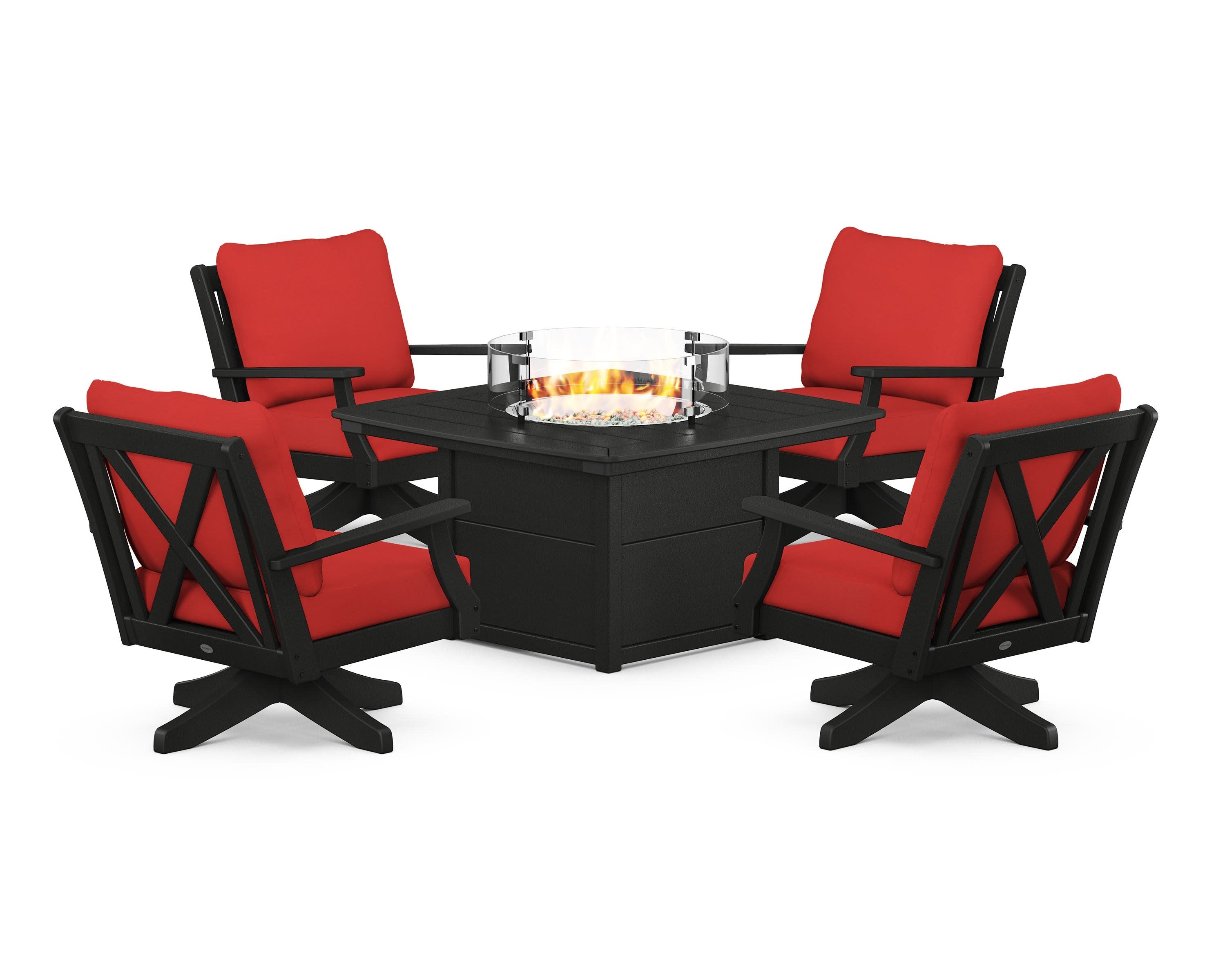 Braxton 5-Piece Deep Seating Swivel Conversation Set with Fire Pit Table in Black / Crimson Linen