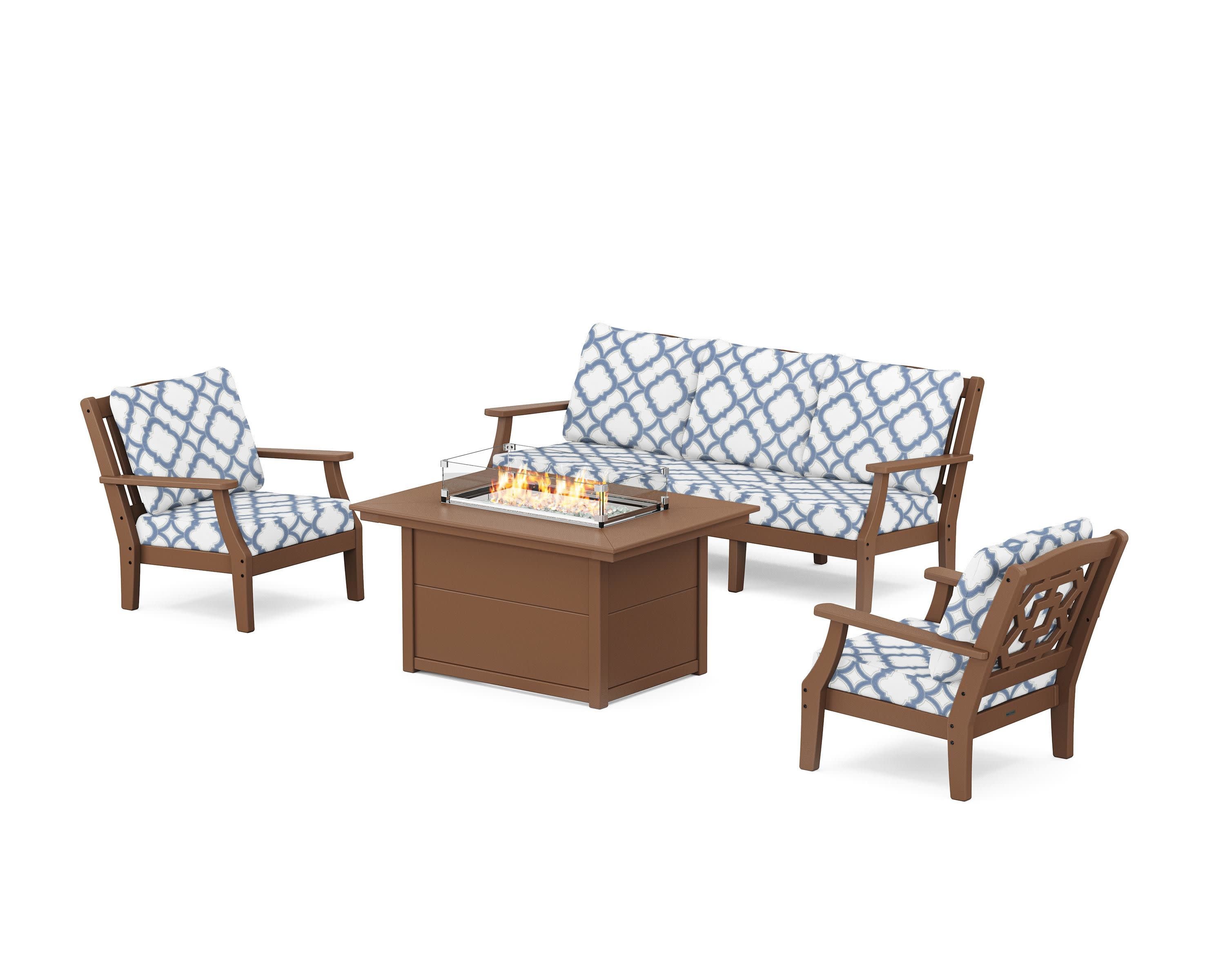 Chinoiserie Deep Seating Fire Pit Table Set in Teak / Trellis Sky Blue