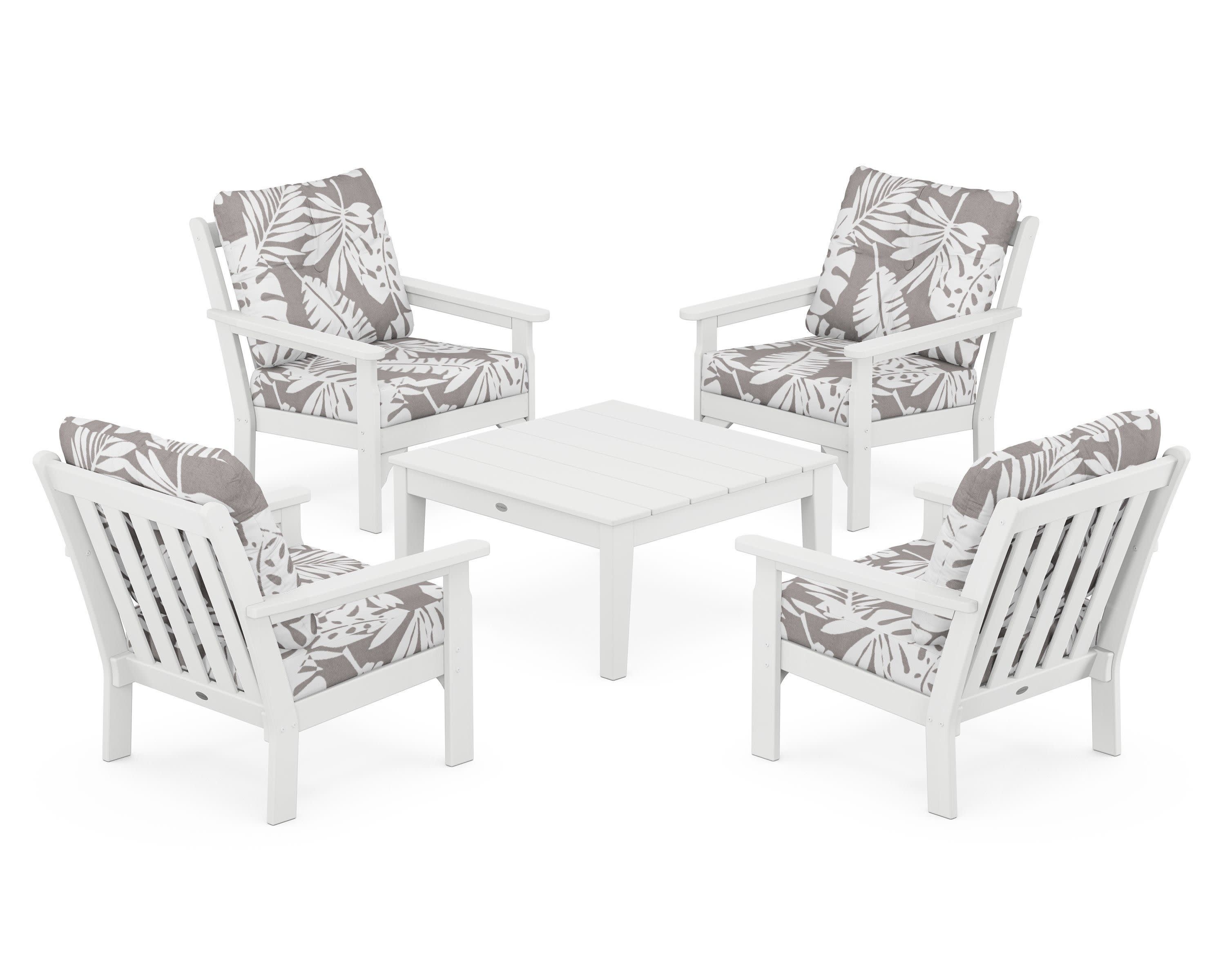 Vineyard 5-Piece Deep Seating Conversation Set in White / Leaf Grey Mist