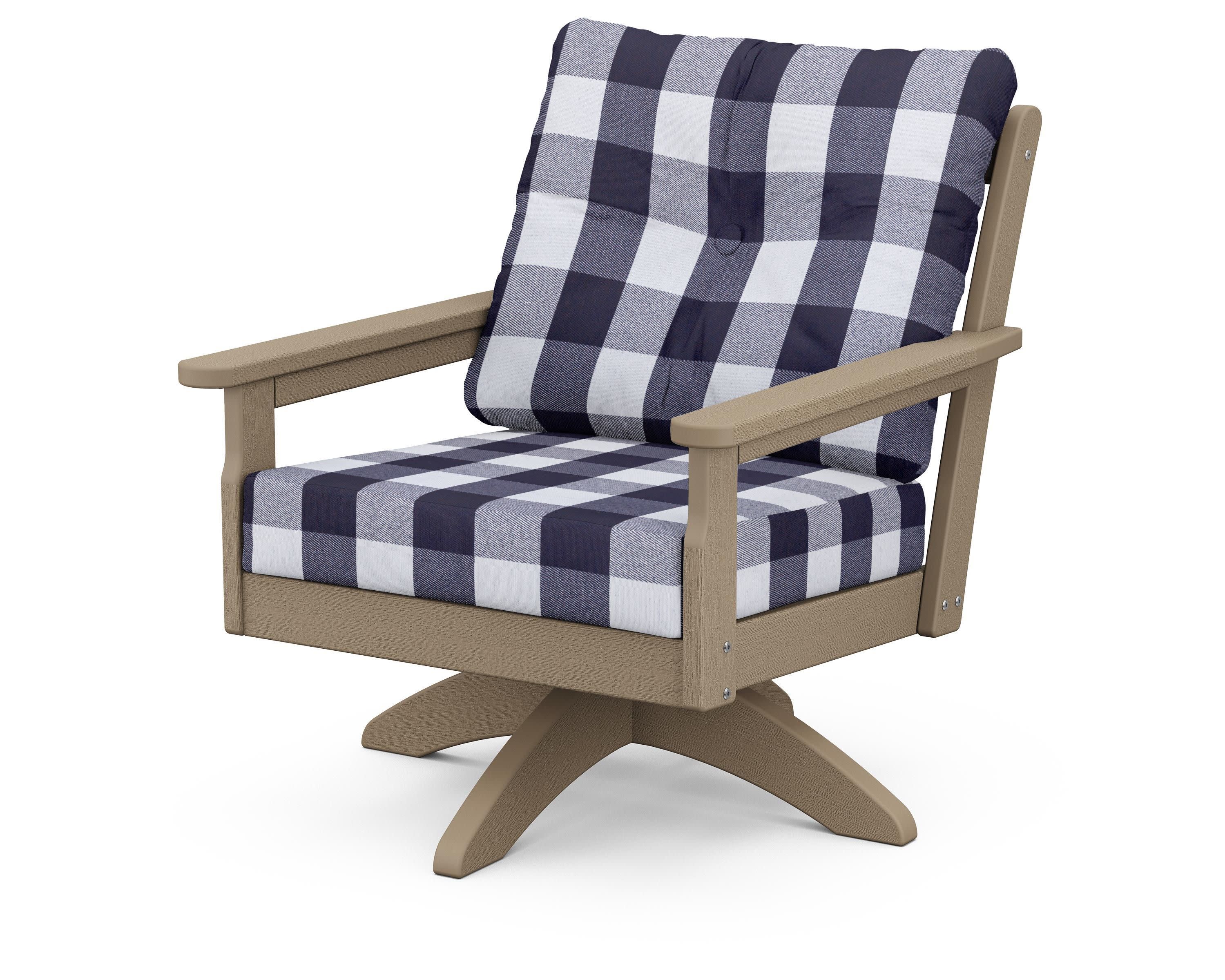 Vineyard Deep Seating Swivel Chair in Vintage Sahara / Buffalo Plaid Navy