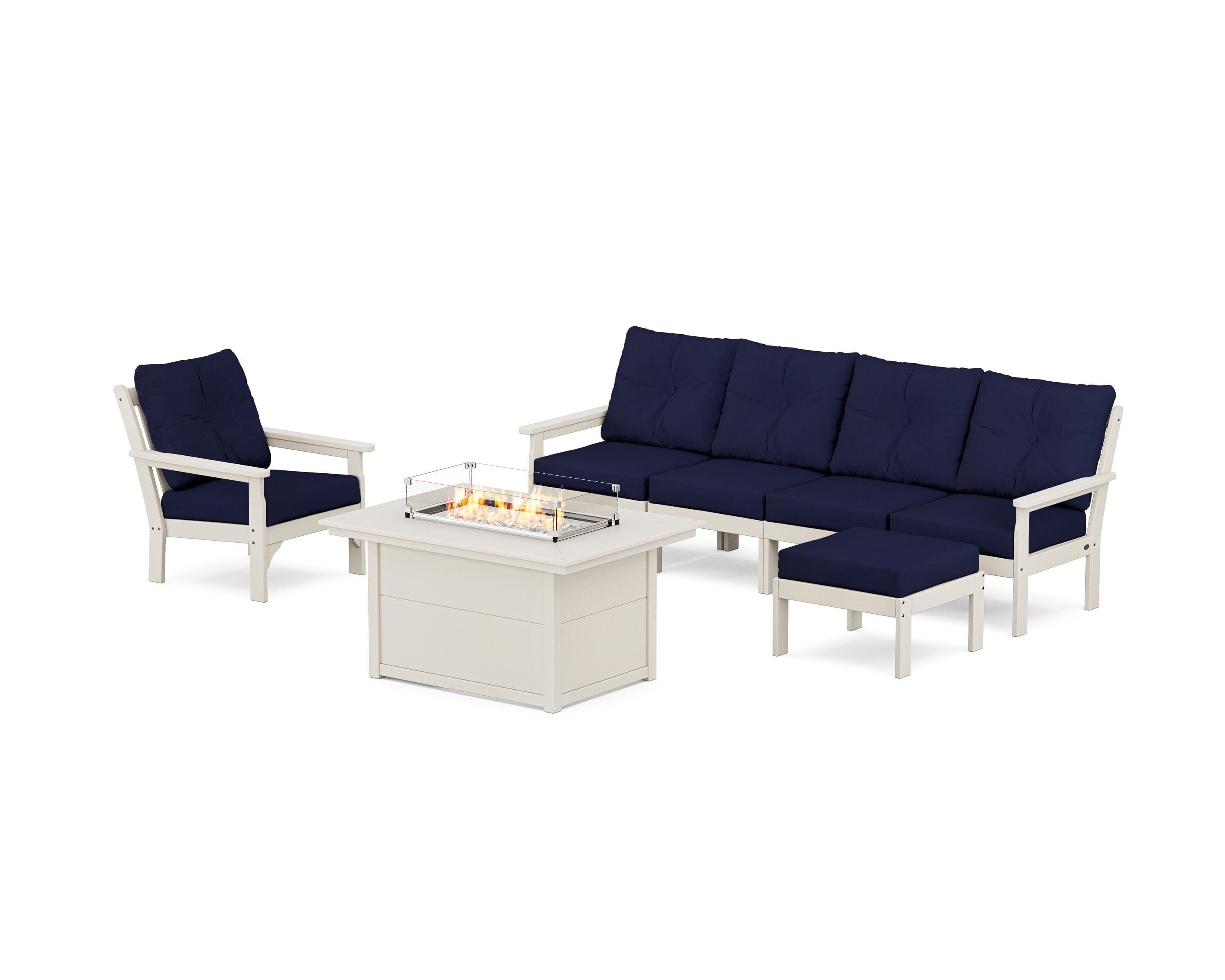 Vineyard Sectional Lounge and Fire Pit Set in Sand / Navy