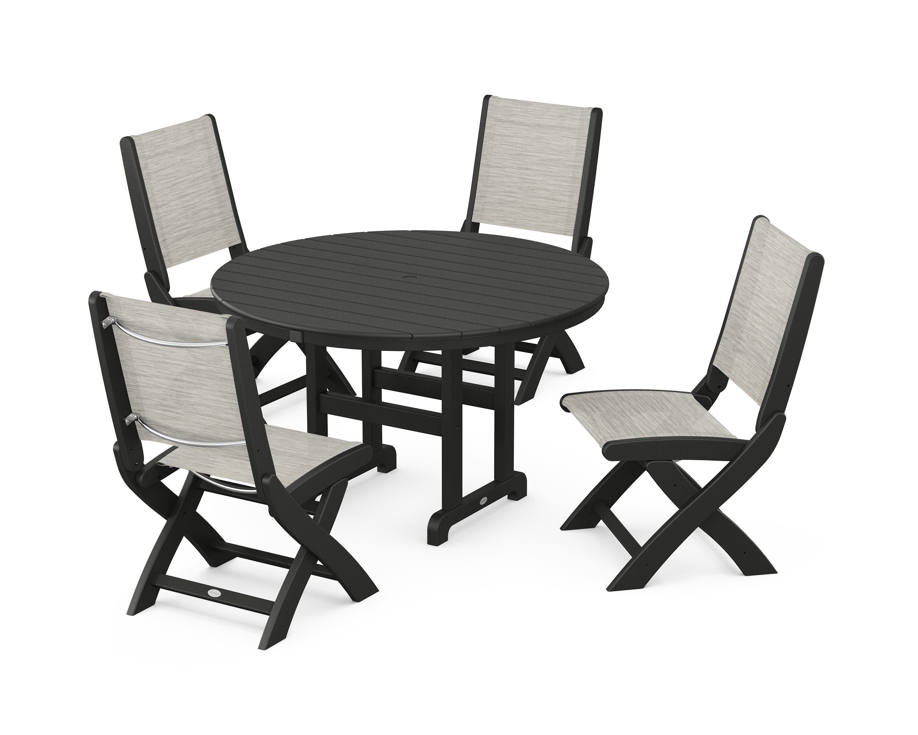 Coastal Folding Side Chair 5-Piece Round Dining Set in Black / Birch Sling