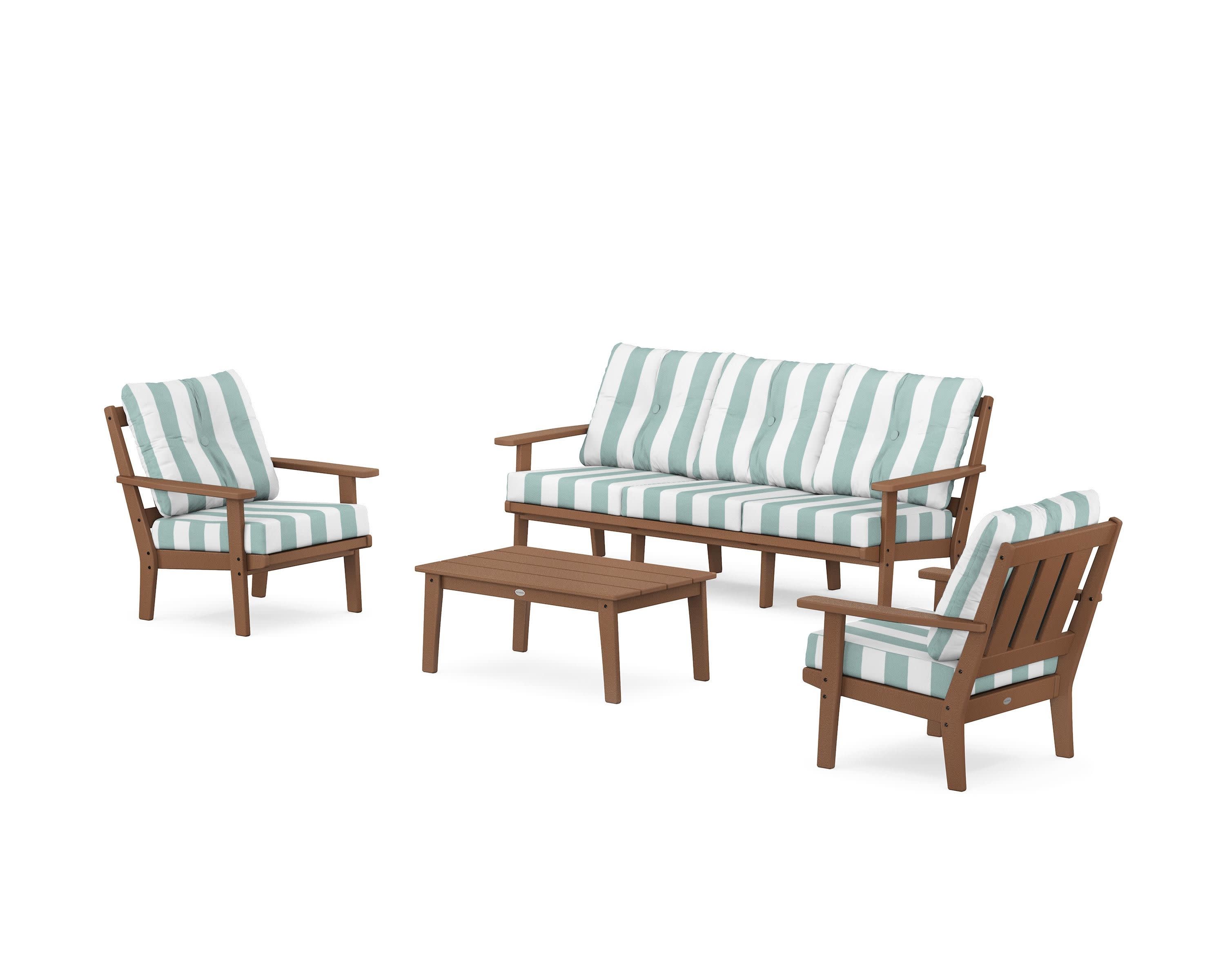 Oxford 4-Piece Deep Seating Set with Sofa in Teak / Cabana Stripe Glacier Spa