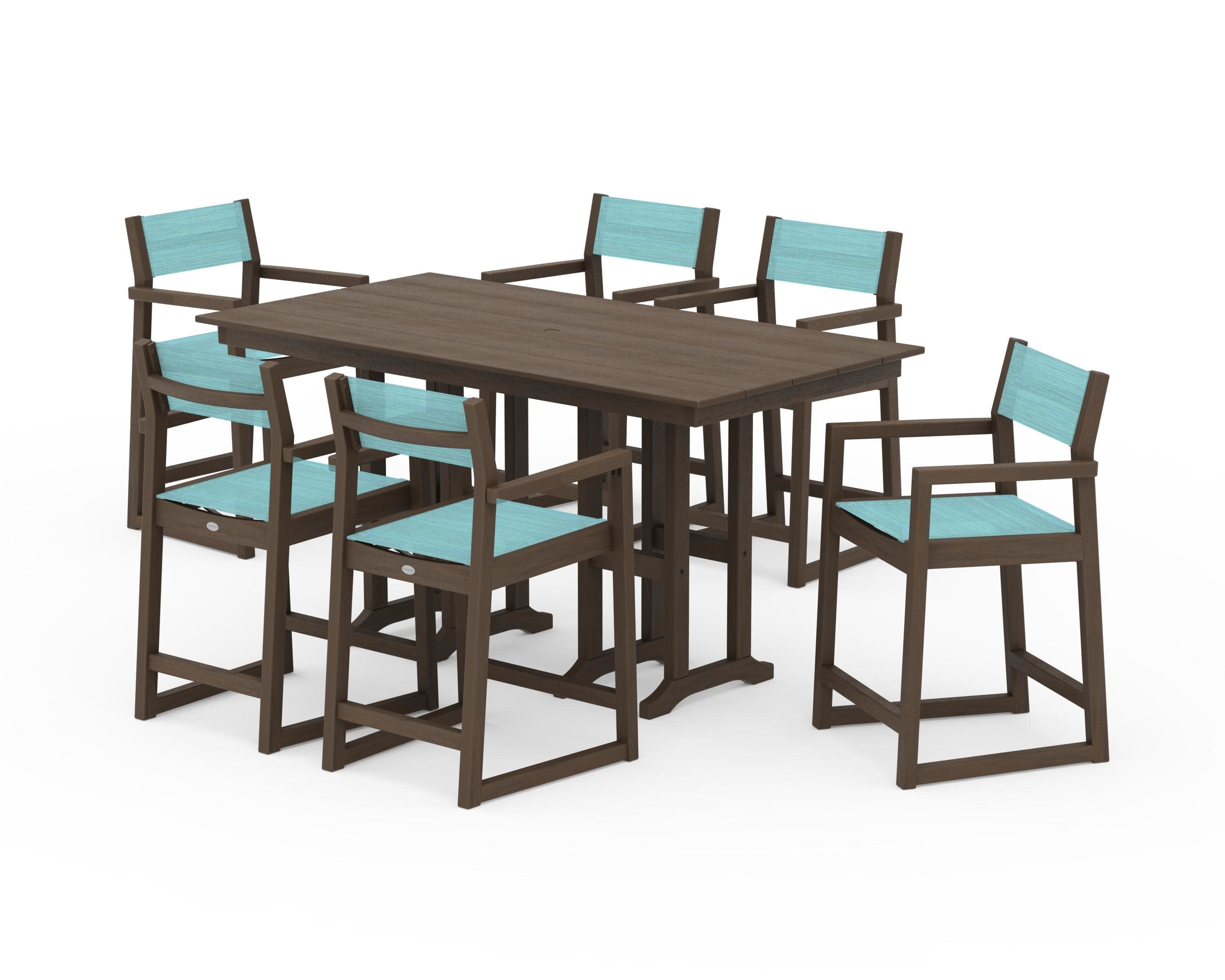 EDGE Sling Arm Chair 7-Piece Farmhouse Counter Set in Kona / Dupioni Aquamarine Sling