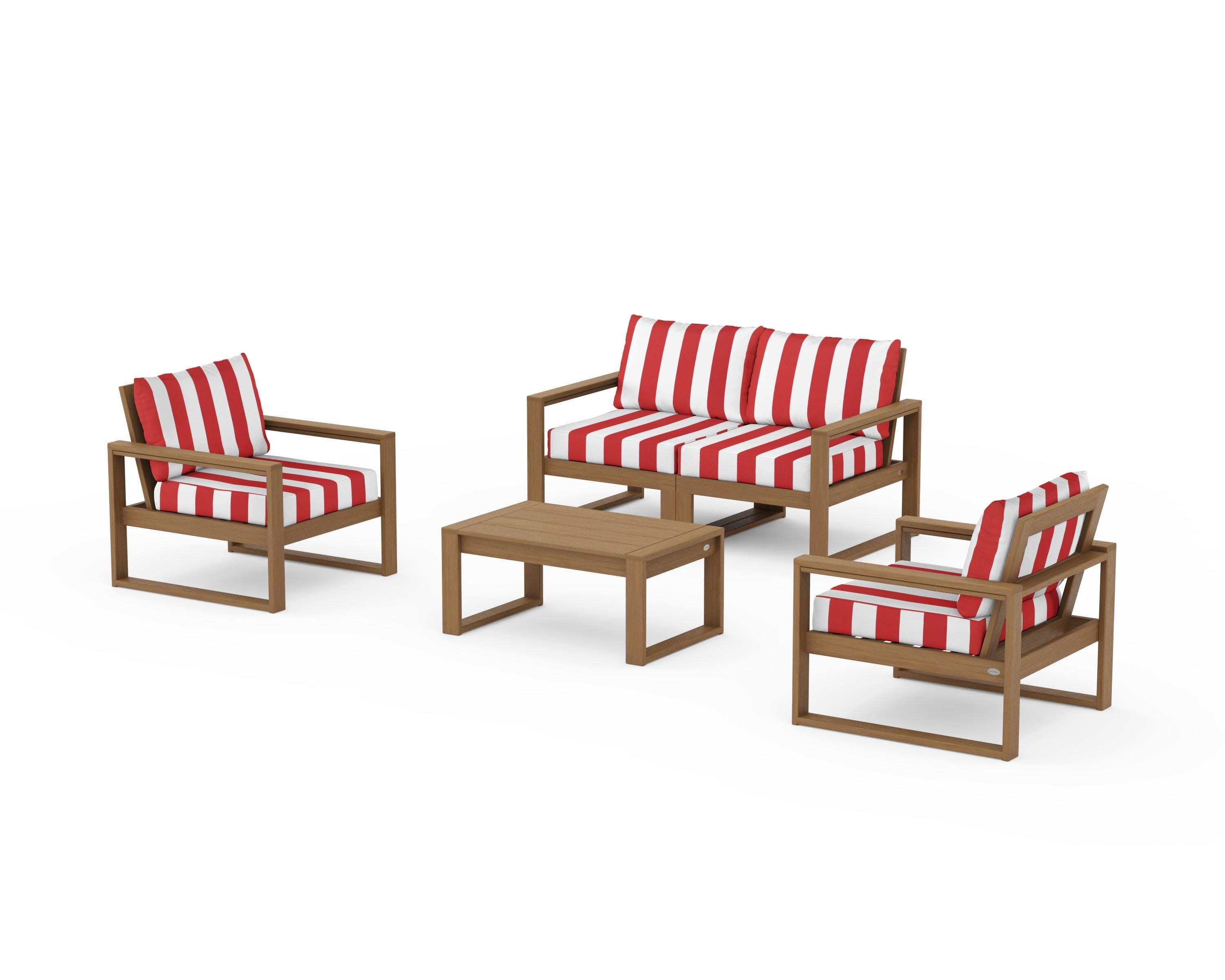 EDGE Sectional 4-Piece Deep Seating Set with Loveseat in Natural / Cabana Stripe Crimson