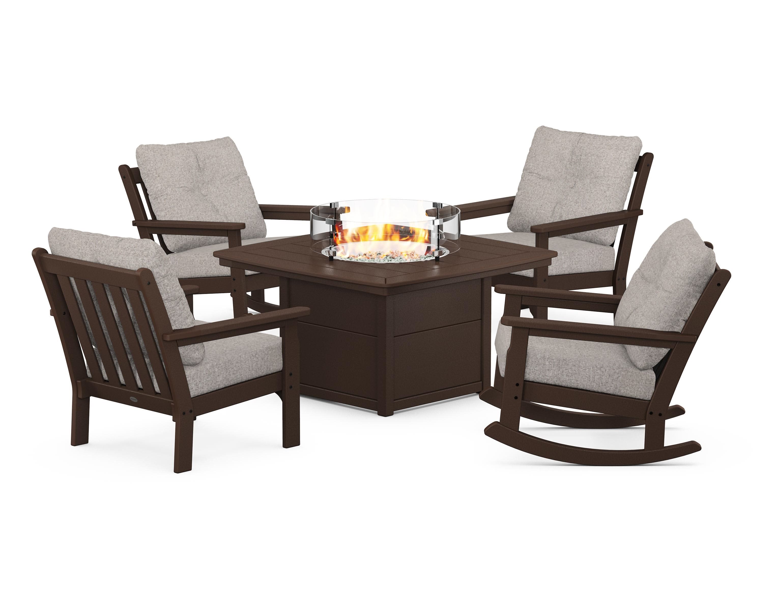 Vineyard 5-Piece Deep Seating Rocking Chair Conversation Set with Fire Pit Table in Mahogany / Weathered Tweed