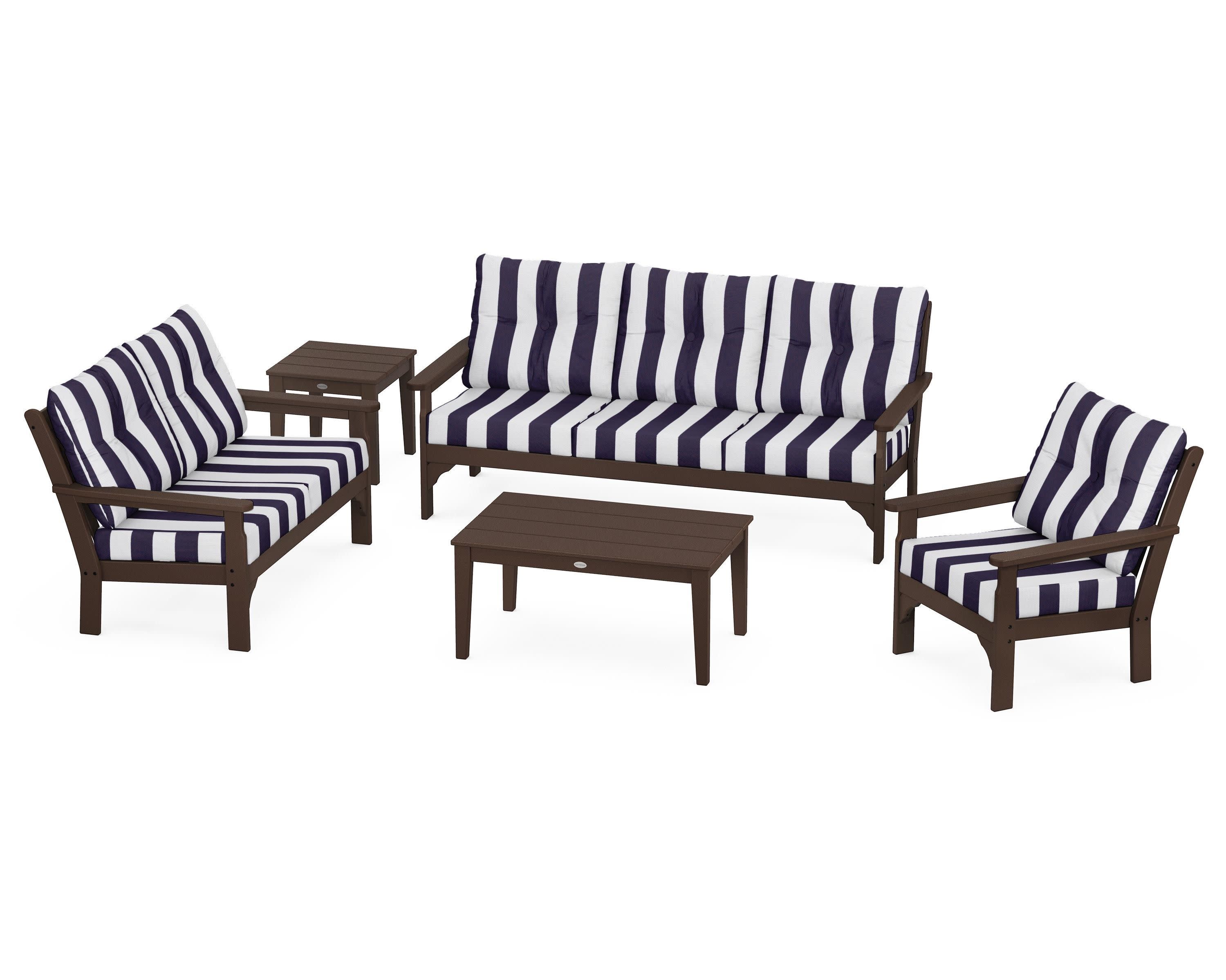 Vineyard 5 Piece Deep Seating Set in Mahogany / Cabana Stripe Navy