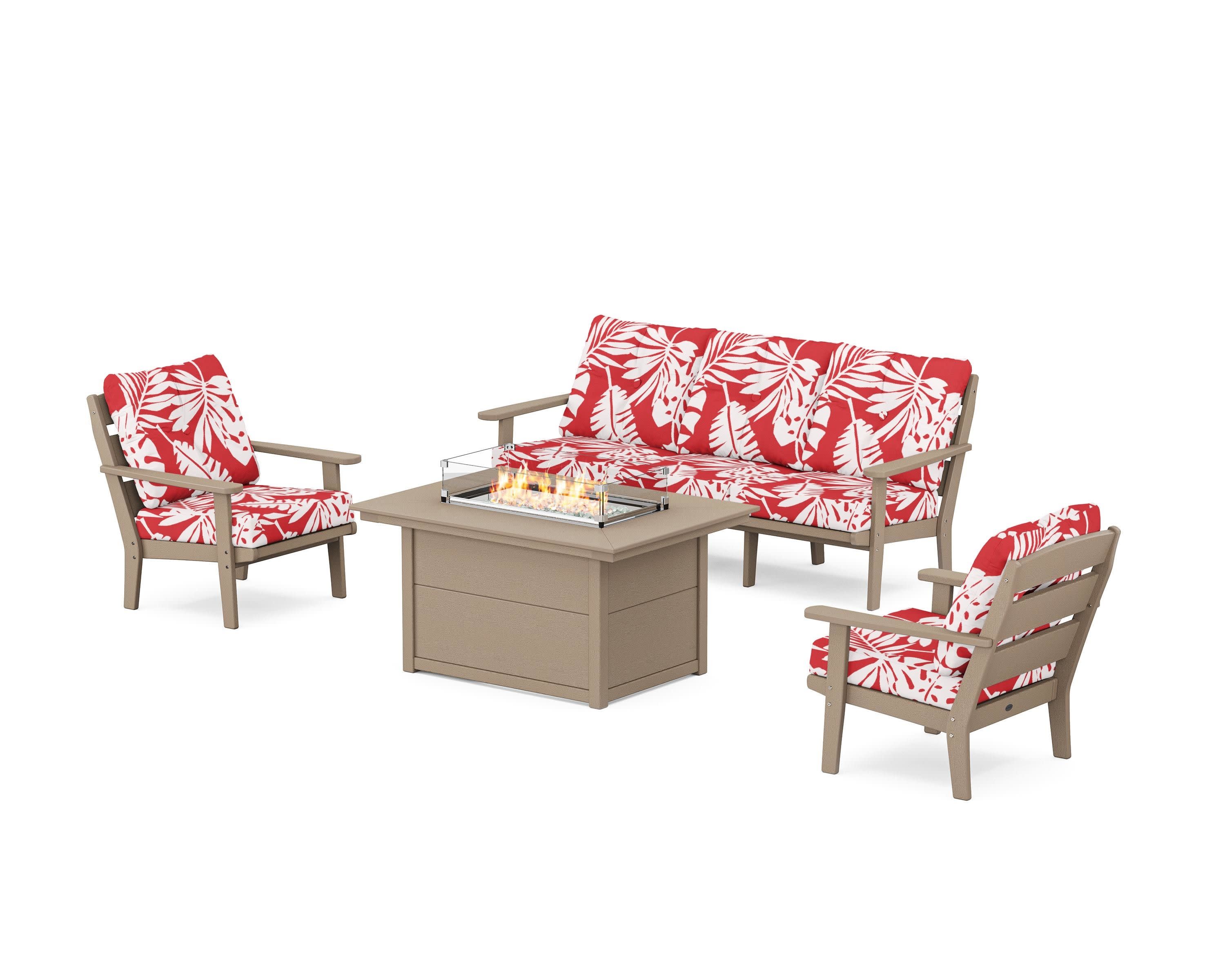 Lakeside Deep Seating Fire Pit Table Set in Vintage Sahara / Leaf Crimson