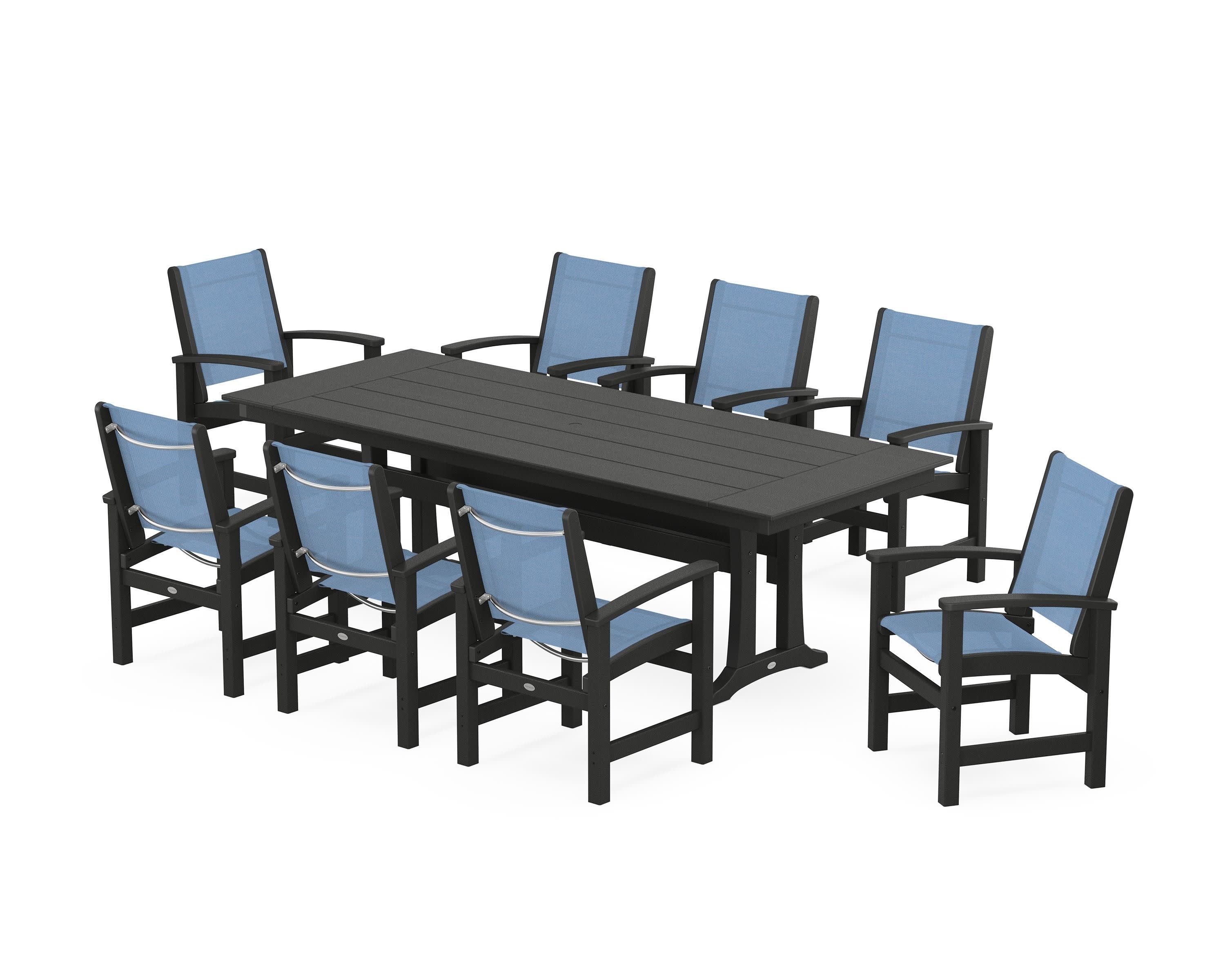 Coastal 9-Piece Farmhouse Dining Set with Trestle Legs in Black / Poolside Sling
