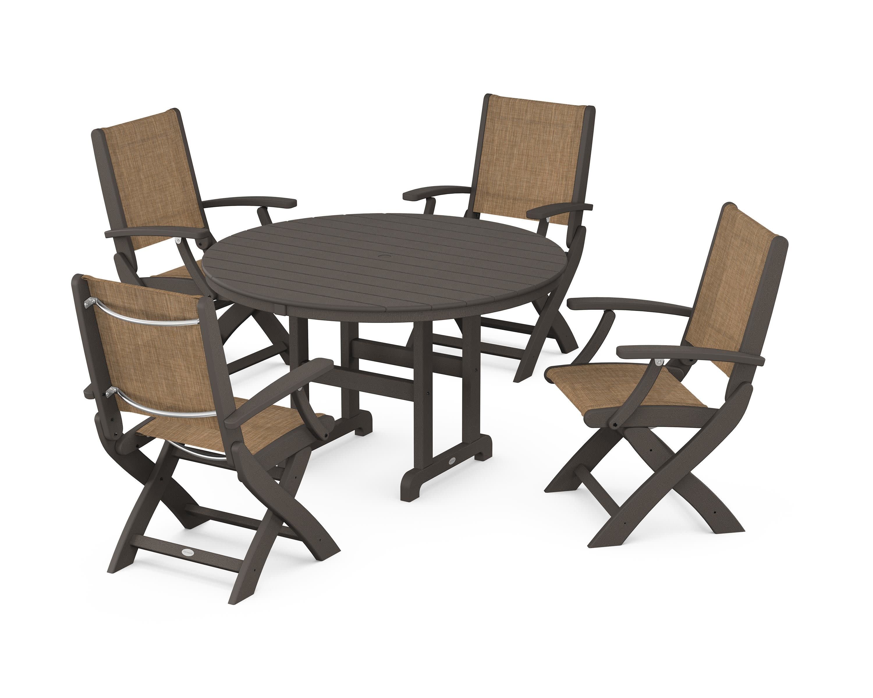 Coastal Folding Chair 5-Piece Round Dining Set in Vintage Coffee / Burlap Sling
