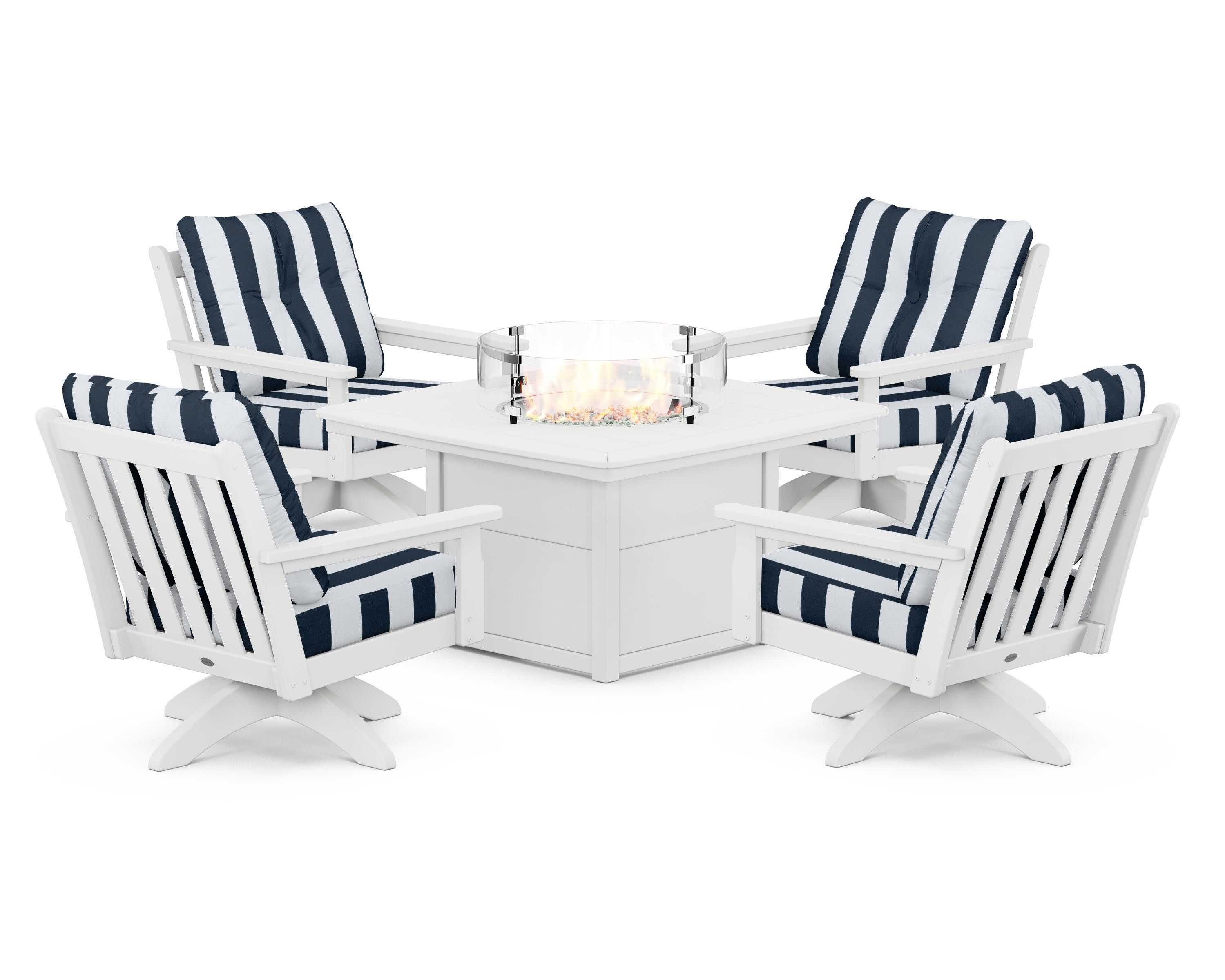 Vineyard 5-Piece Deep Seating Swivel Conversation Set with Fire Pit Table in White / Cabana Stripe Marine Indigo