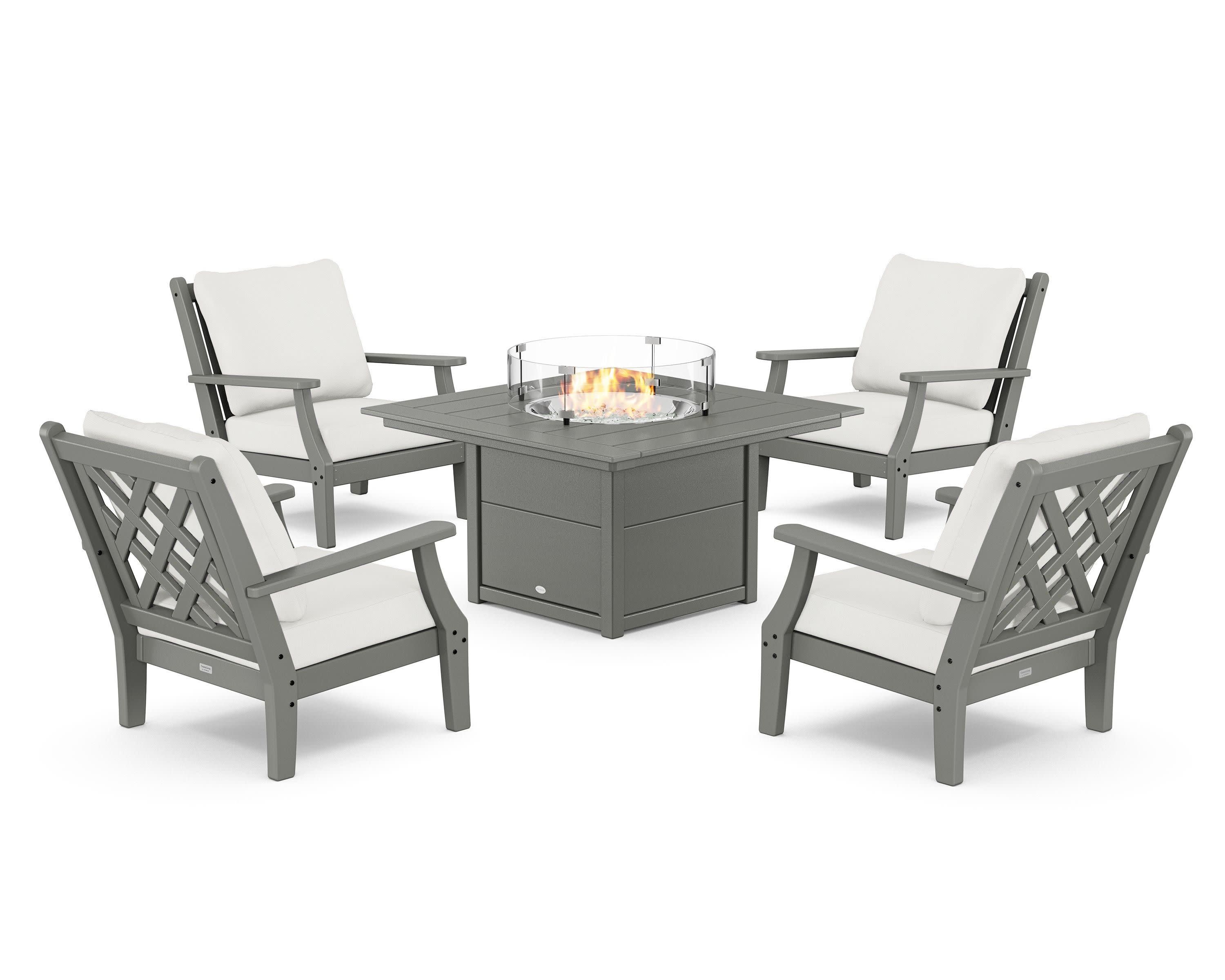 Wovendale 5-Piece Deep Seating Set with Fire Pit Table in Slate Grey / Natural Linen