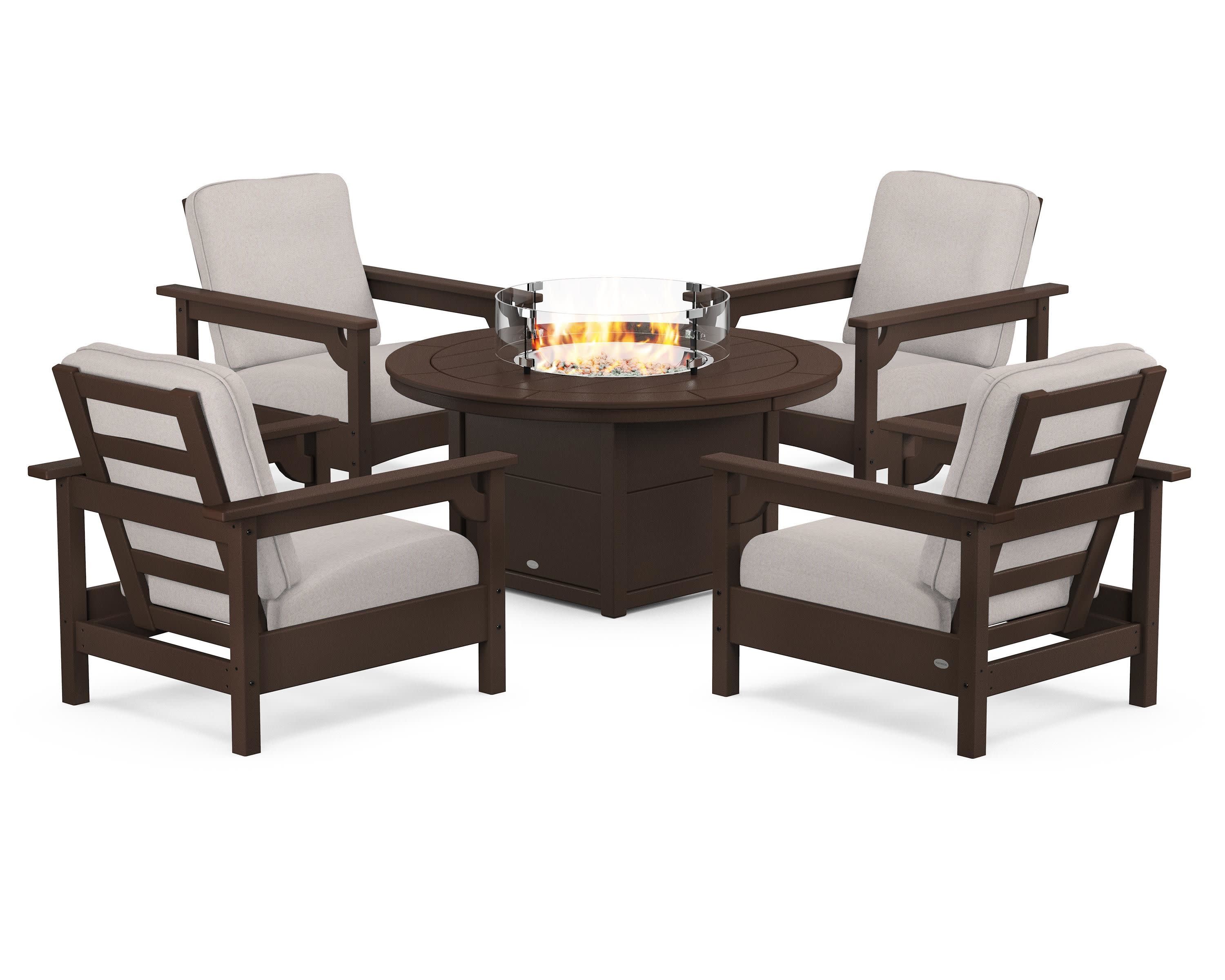 Club 5-Piece Conversation Set with Fire Pit Table in Mahogany / Dune Burlap