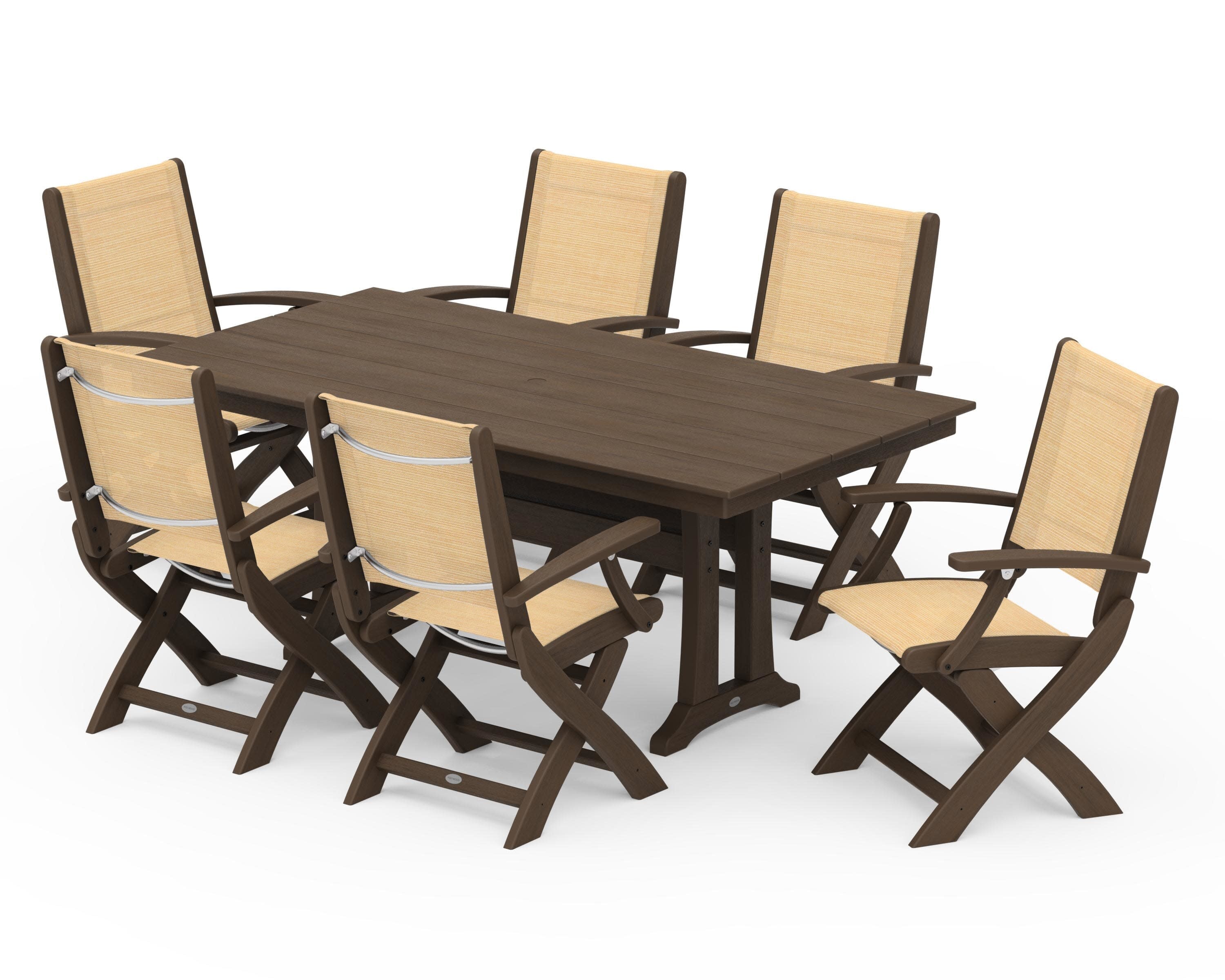 Coastal Folding Arm Chair 7-Piece Farmhouse Dining Set with Trestle Legs in Kona / Dupioni Apricot Sling