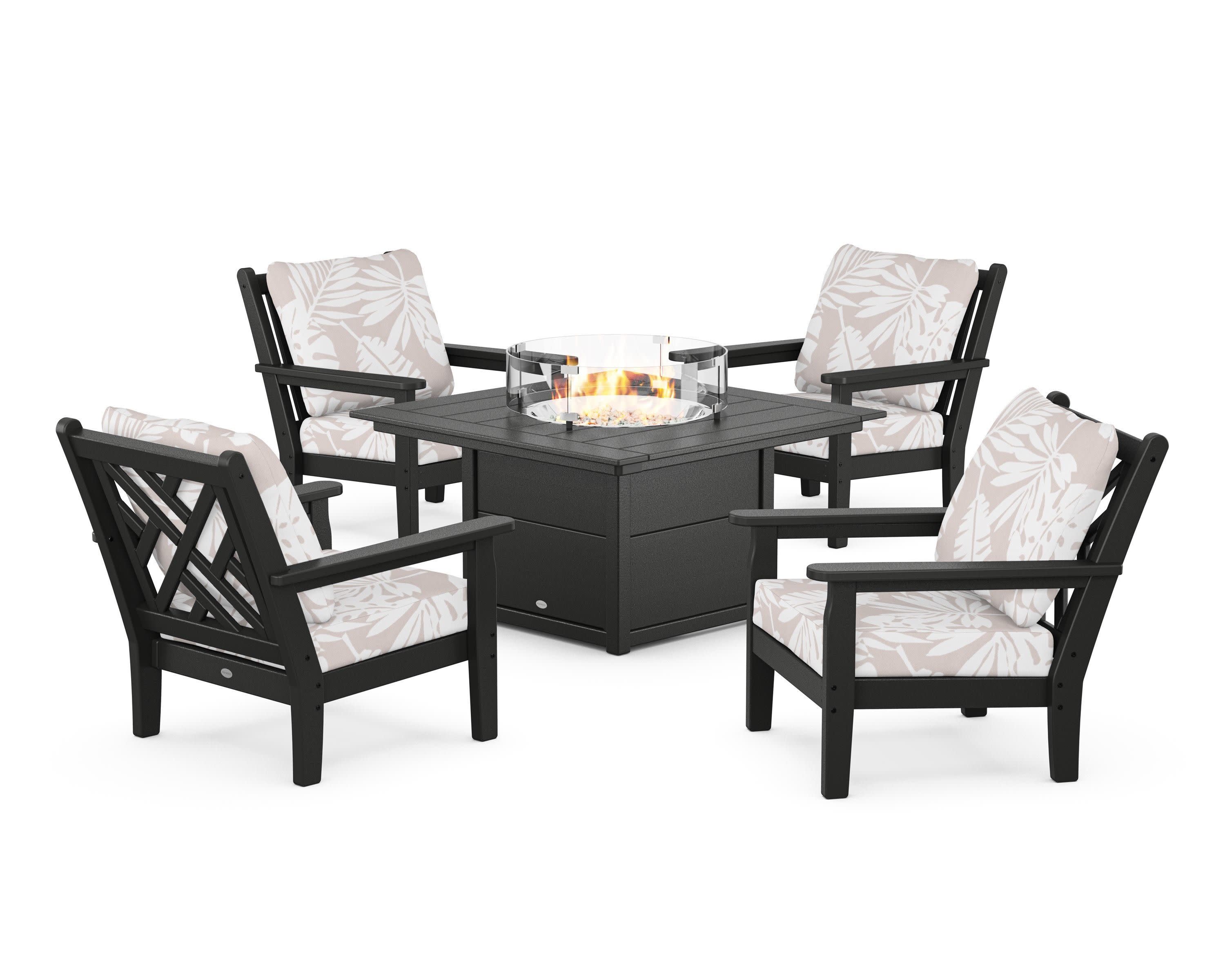 Chippendale 5-Piece Deep Seating Set with Fire Pit Table in Black / Leaf Dune Burlap