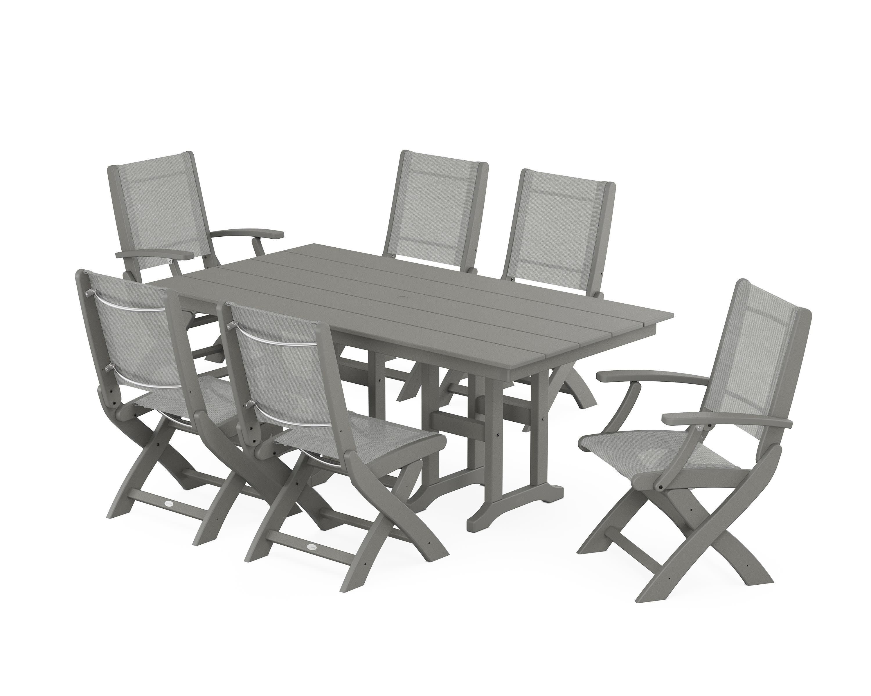 Coastal Folding Chair 7-Piece Farmhouse Dining Set in Slate Grey / Metallic Sling