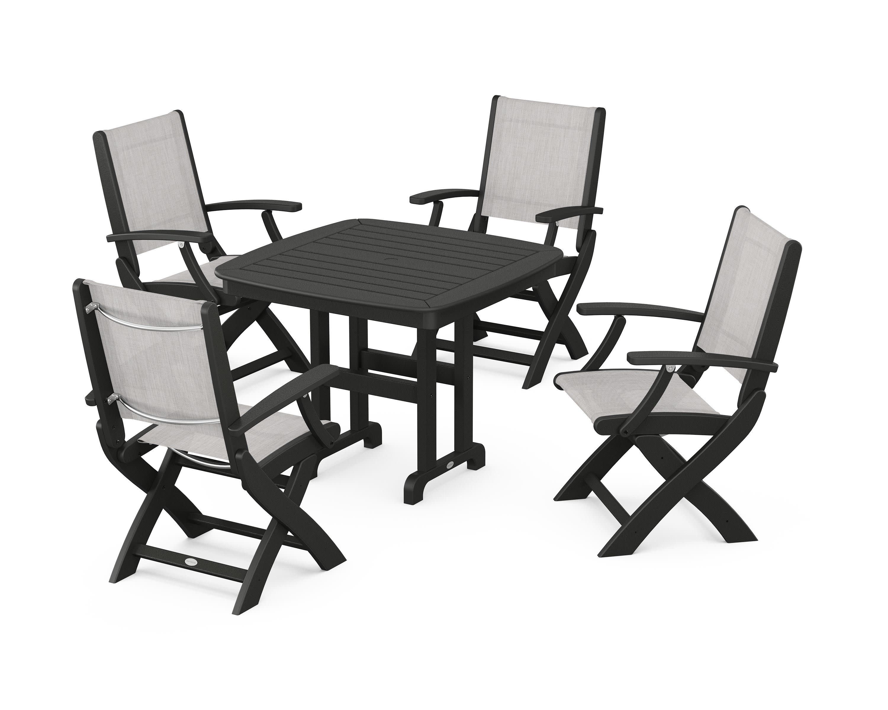 Coastal Folding Chair 5-Piece Dining Set in Black / Parchment Sling