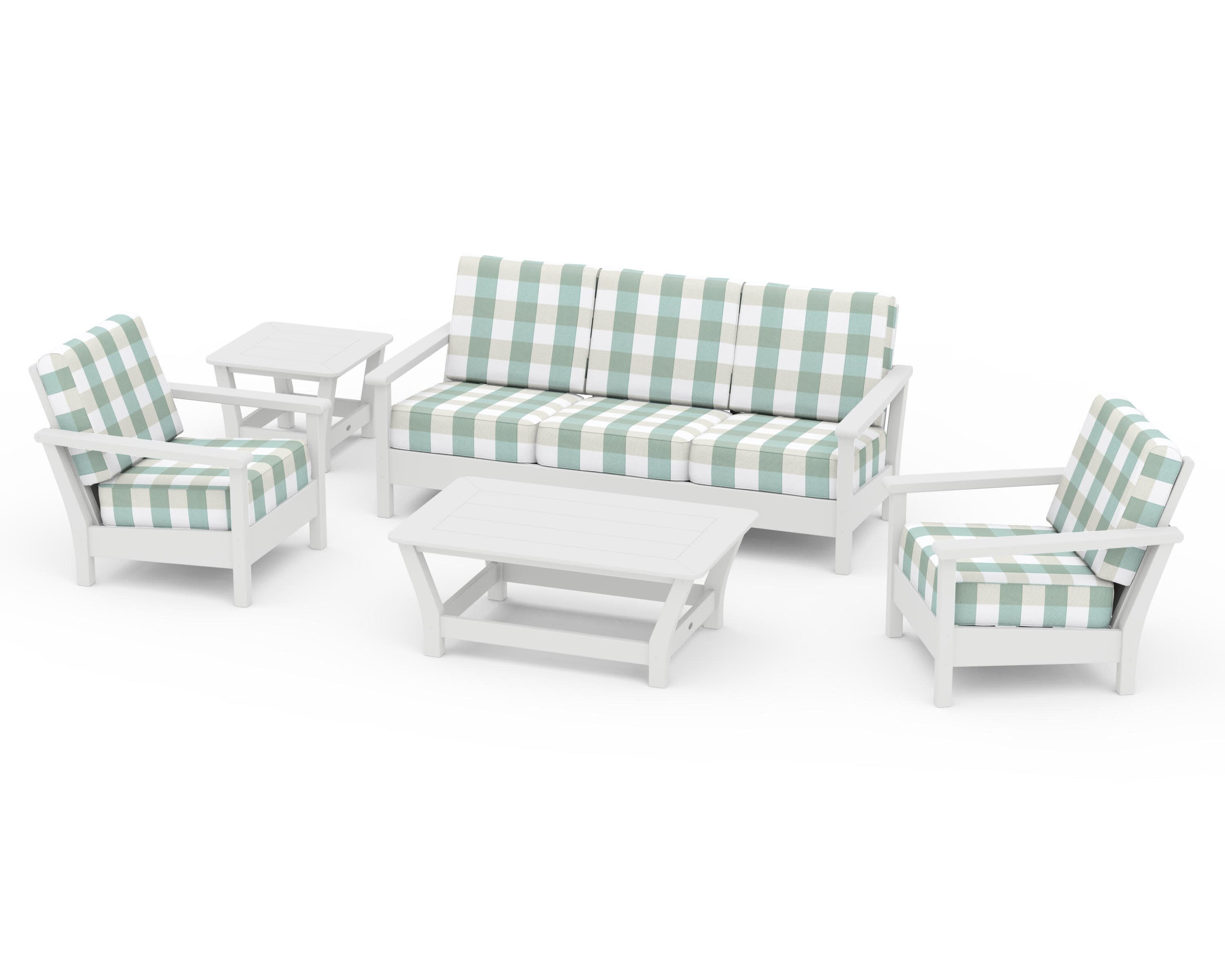 Harbour 5-Piece Deep Seating Set in White / Buffalo Plaid Glacier Spa